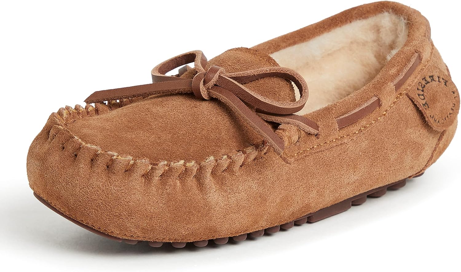 Fireside by Dearfoams unisex child Parke Genuine Shearling Moccasin Slipper, Chestnut, 5 Big Kid US