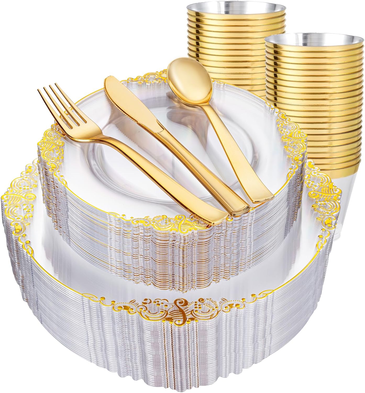 Hioasis 300PCS Clear and Gold Plastic Plates – Disposable Dinnerware Set Perfect for 50 Guests include 50 Dinner Plate, 50 Dessert Plate, 50 Forks,50 Spoons, 50 Knives, 50 Cups (NO Napkins Included) Hioasis 300PCS Clear and Gold Plastic Plates – Disposable Dinnerware Set Perfect for 50 Guests include 50 Dinner Plate, 50 Dessert Plate, 50 Forks,50 Spoons, 50 Knives, 50 Cups (NO Napkins Included)