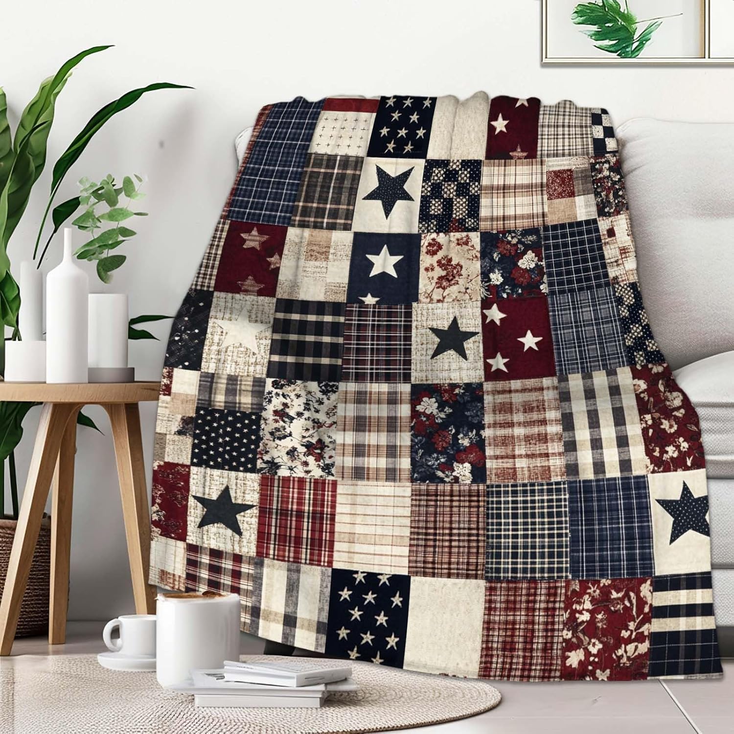 Printed Faux Patchwork Americana Throw Blanket | Faux Quilt Look | Country Farmhouse Fleece Gifts for Women and Men | Rustic Home Decor for Couch and Bed | 50x60 inches