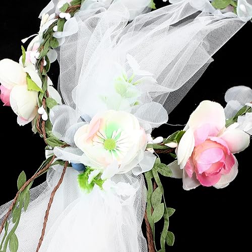 Miniatura 6 de Minkissy Diadema de velo de novia, diadema de velo blanco, corona de flores con cinta ajustable para mujer