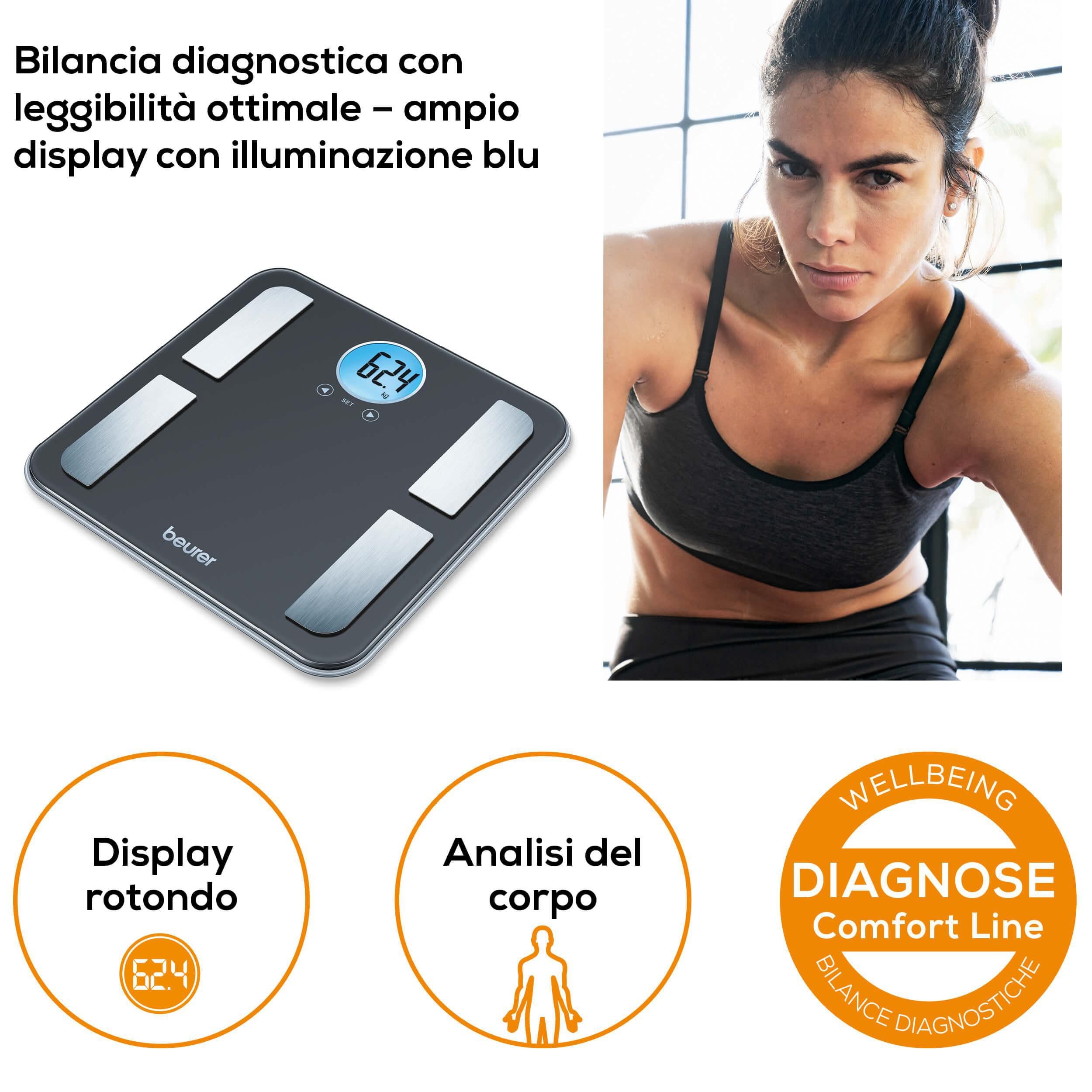 Beurer BF 195 Bilancia Diagnostica in Vetro, con Display LCD Rotondo, adatta per la determinazione del grasso corporeo, della percentuale muscolare e del fabbisogno calorico