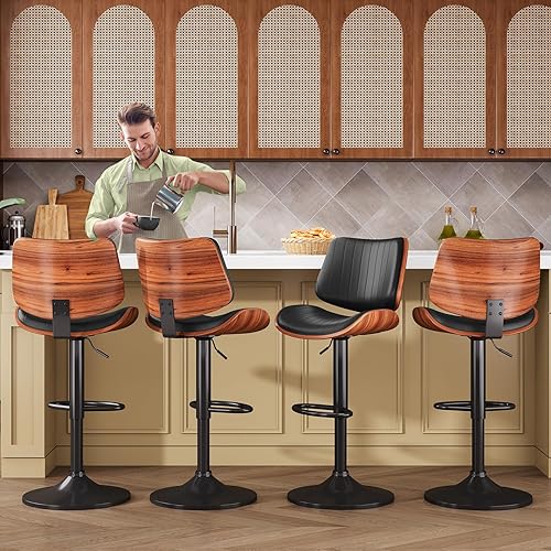 Miniatura 2 de Juego de 3 taburetes de bar modernos con respaldo de madera curvada y asiento de cuero, taburetes de bar para encimera de cocina, bar, negro