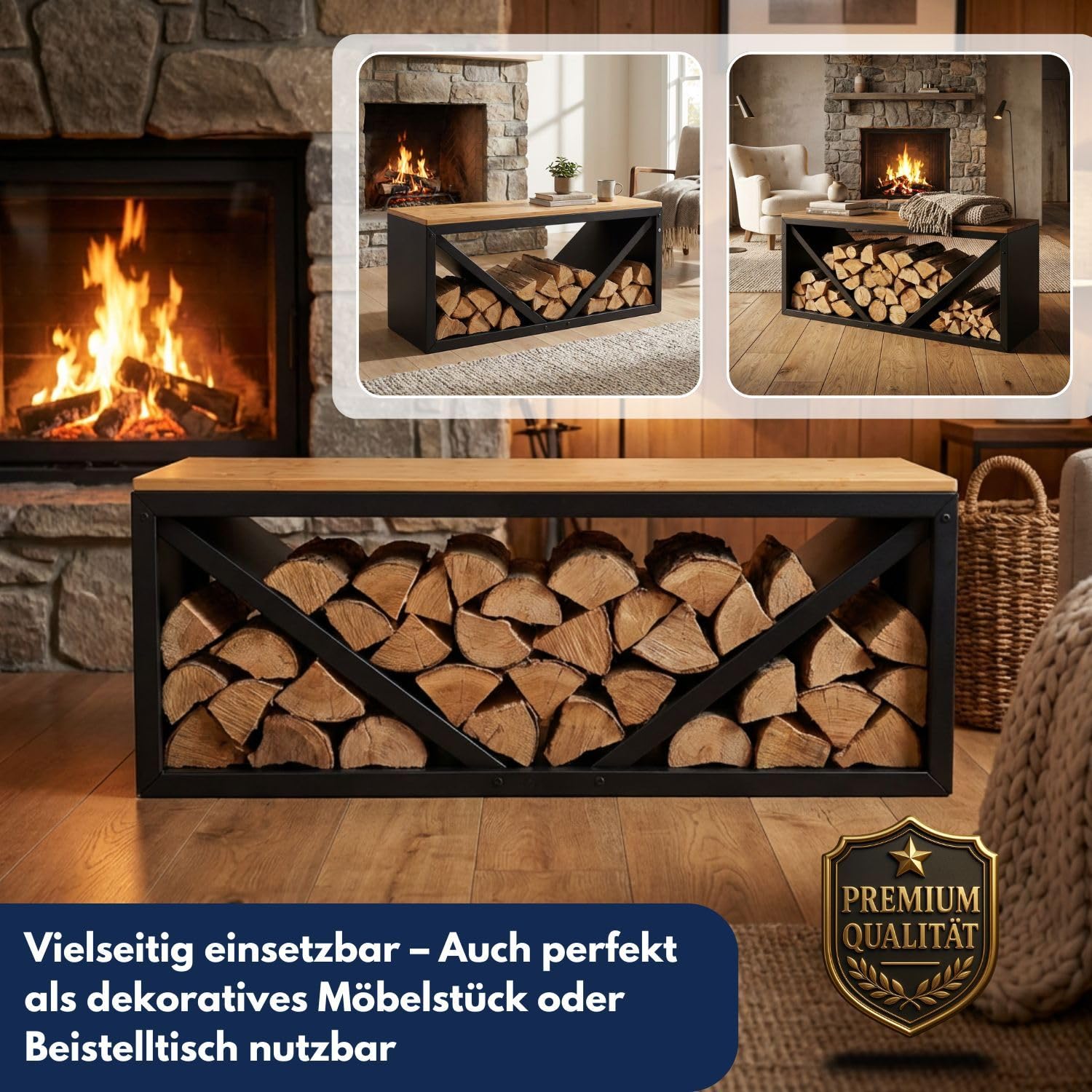 Coemo Kaminholzregal mit Sitzfläche Rudi Schwarz - Modernes Brennholzregal aus Metall & Holz, Kaminholzhalter Schwarz, Holzlager Regal Indoor, Sitzbank Kamin, Feuerholz Aufbewahrung, Kaminzubehör