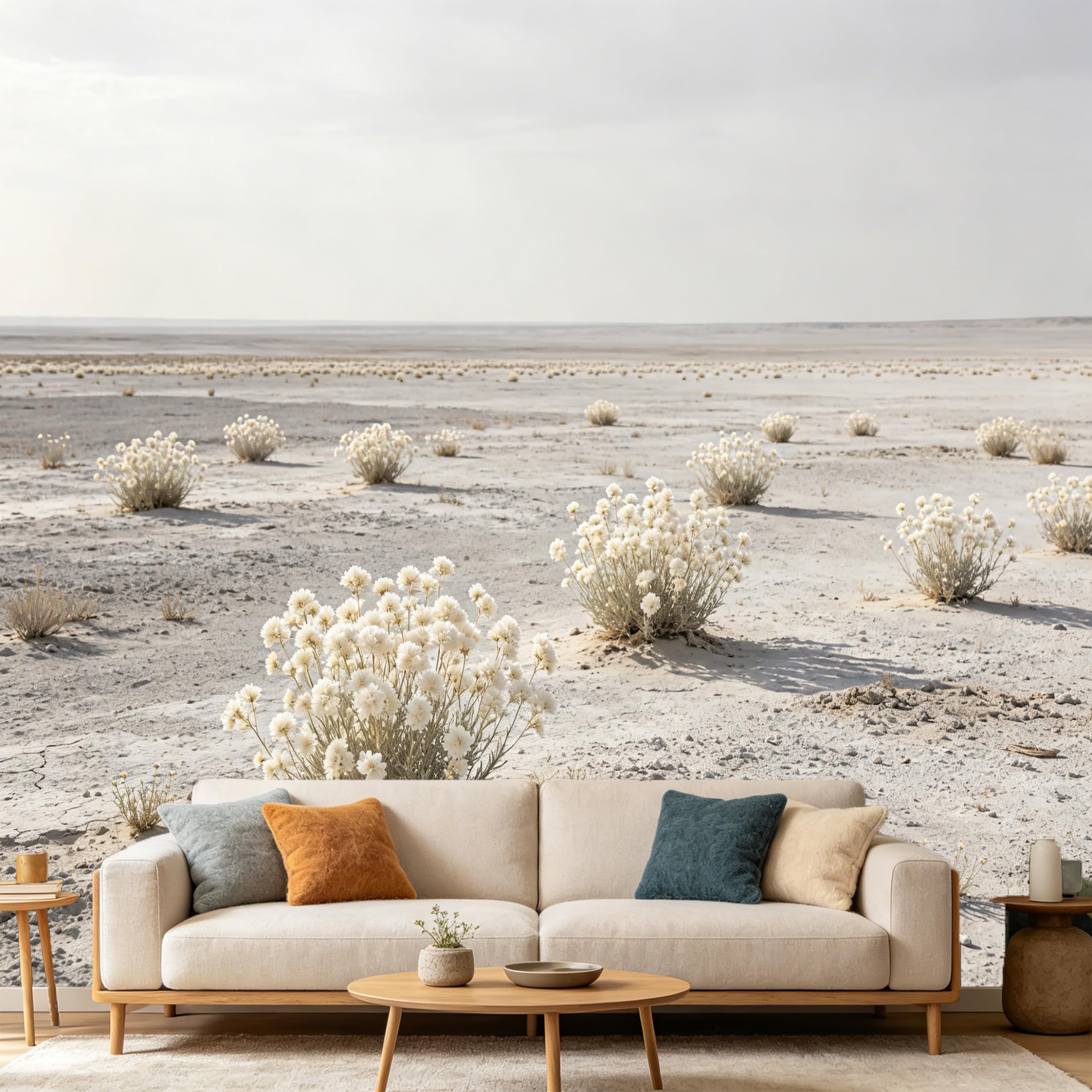 Custom Size Wall Mural Minimalist Desert Landscape White Wildflowers Nature Scenery SelfAdhesive Art Prints wall Fabric（No PVC） Removable Wallpaper Home Bedroom Decor
