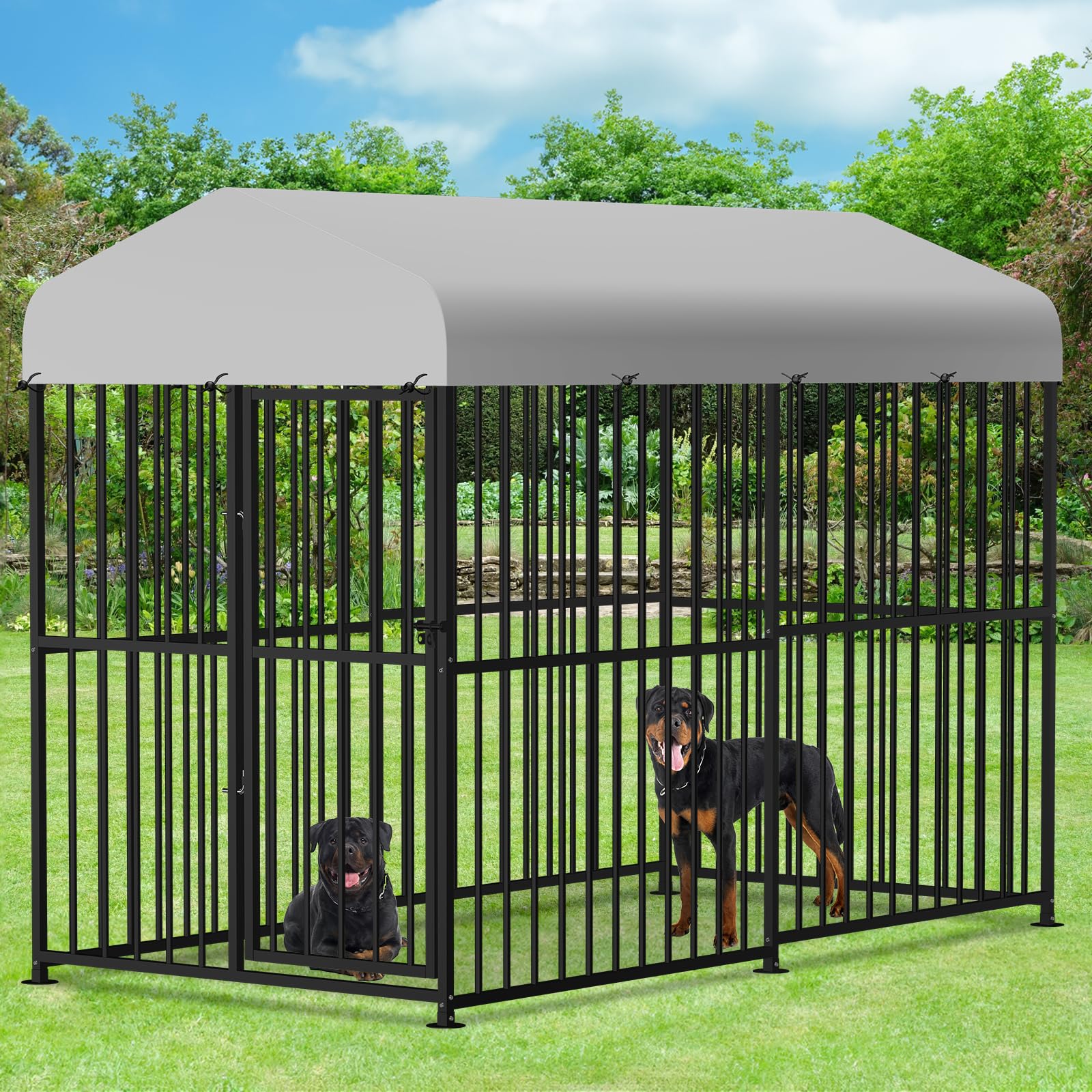 VIVIJASON 4 x 8 x 6 Ft Large Outdoor Dog Kennel, Heavy Duty Metal Frame Dog Cage with Thickened Bars, UV & Waterproof Cover, Outside Pen Playpen Dog Run House for Large to Small Dogs