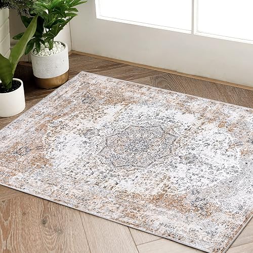 JINCHAN Area Rug 2x3 Persian Rug Door Mat Taupe Vintage Distressed Rug Doormat Indoor Entrance Traditional Foldable Thin Rug Floral Print Non Slip Carpet for Kitchen Bathroom Bedroom Living Room