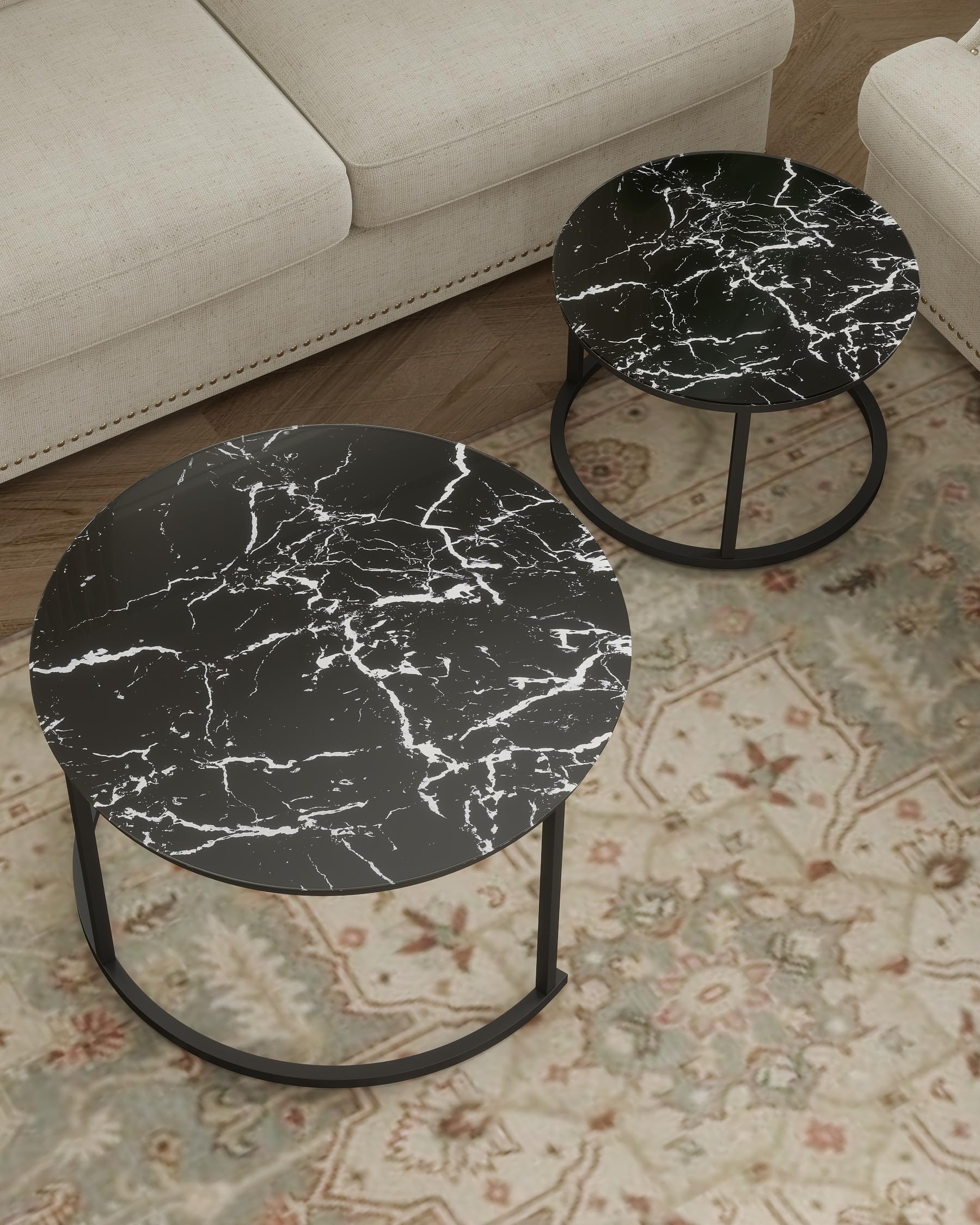 Tavolino Salotto Vetro Rotondo, Tavolo Soggiorno Vetro, Coffee Table 2 pezzi, Tavolino da Salotto Moderno con effetto marmo nero