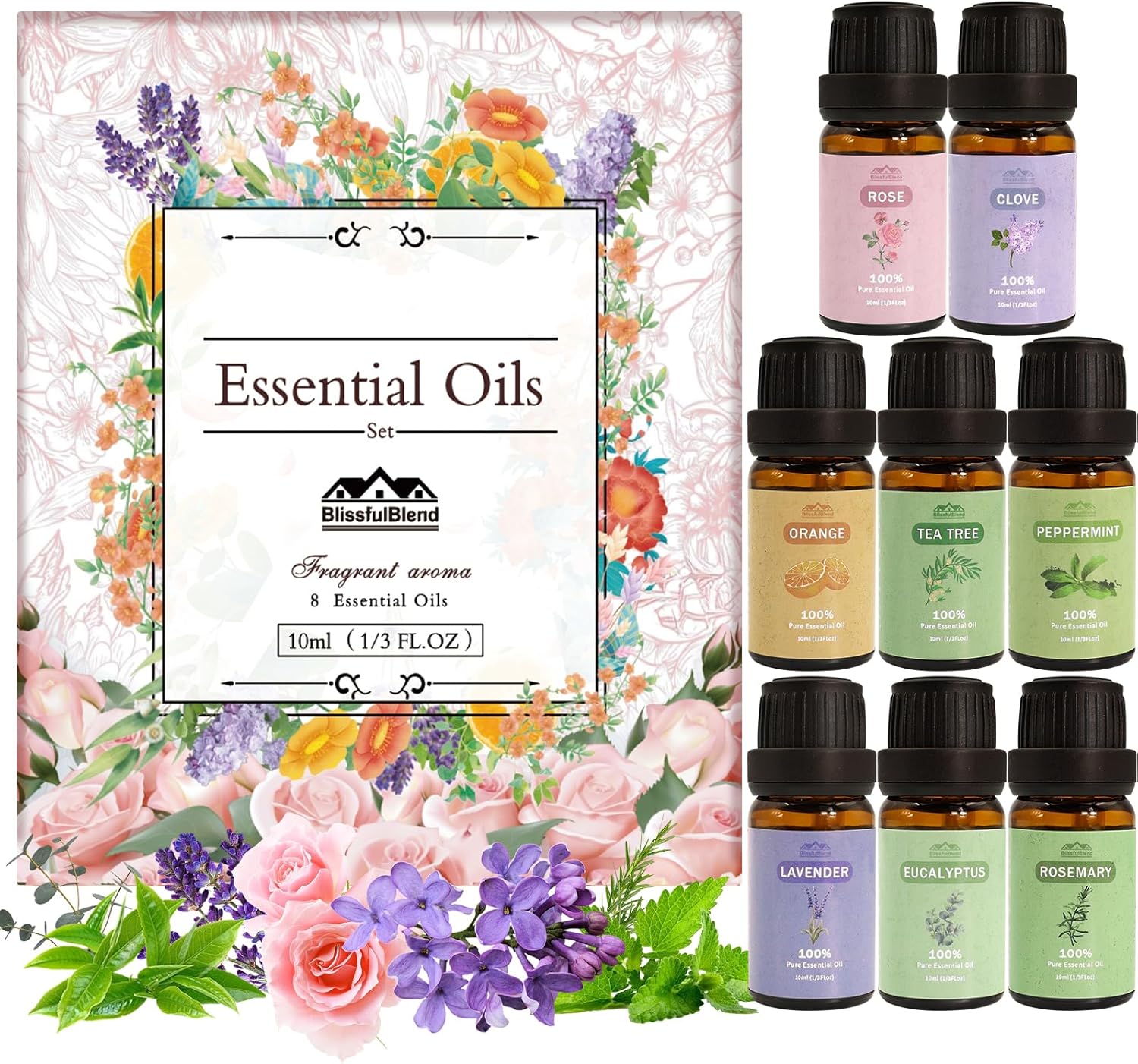 Product image of 8 Pack 10 ML Spring Pure Essential Oil Diffuser for Home,DIY Candle and Soap Making Peppermint, Lavender,Eucalyptus,Tea Tree,Rose, Rosemary,Clove Orange Essential Oil Set