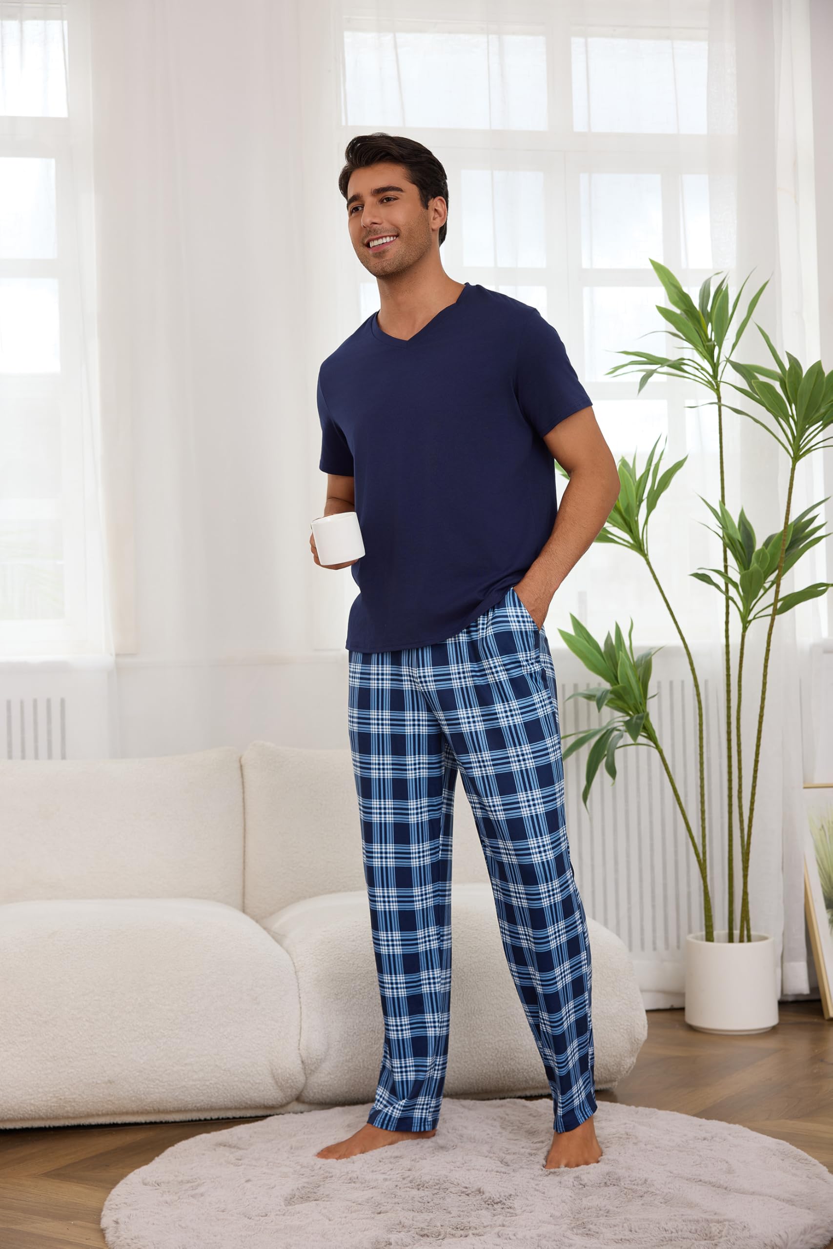 Bresdk Pijama Hombre Invierno Algodón Conjunto de Pijamas Manga Corta Tops con Largos Pantalones a Cuadros Ropa de Dormir con Bolsillos y Cordón S-3XL