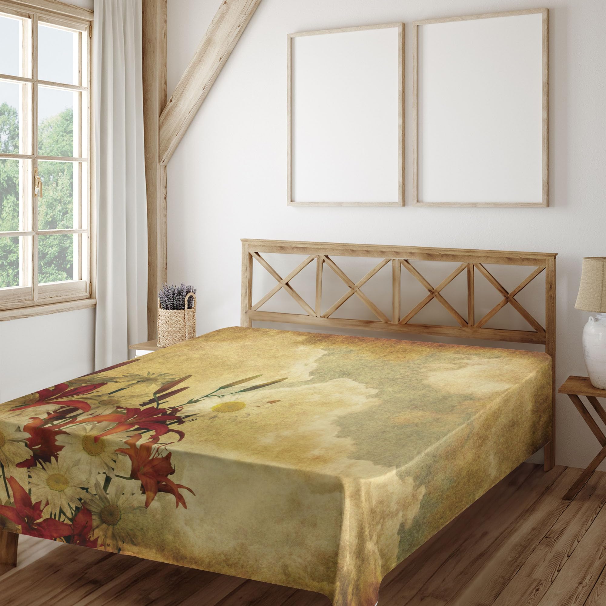 Ambesonne Burnt Orange Flat Sheet, Double Exposure Burnt Worn Shaggy Retro Background with Flowers Clouds Design, Soft Comfortable Top Sheet Decorative Bedding 1 Piece, King Size, Tan Orange