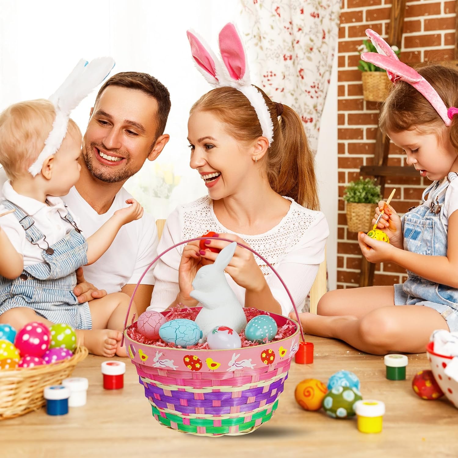 Uptotop Easter Basket with Handle, 4Pcs Woven Bamboo Easter Egg Baskets with 5 Colors Crinkle Cut Paper Filler, Perfect for Easter Egg Hunting, Decorations, Party Favors and Gift Giving