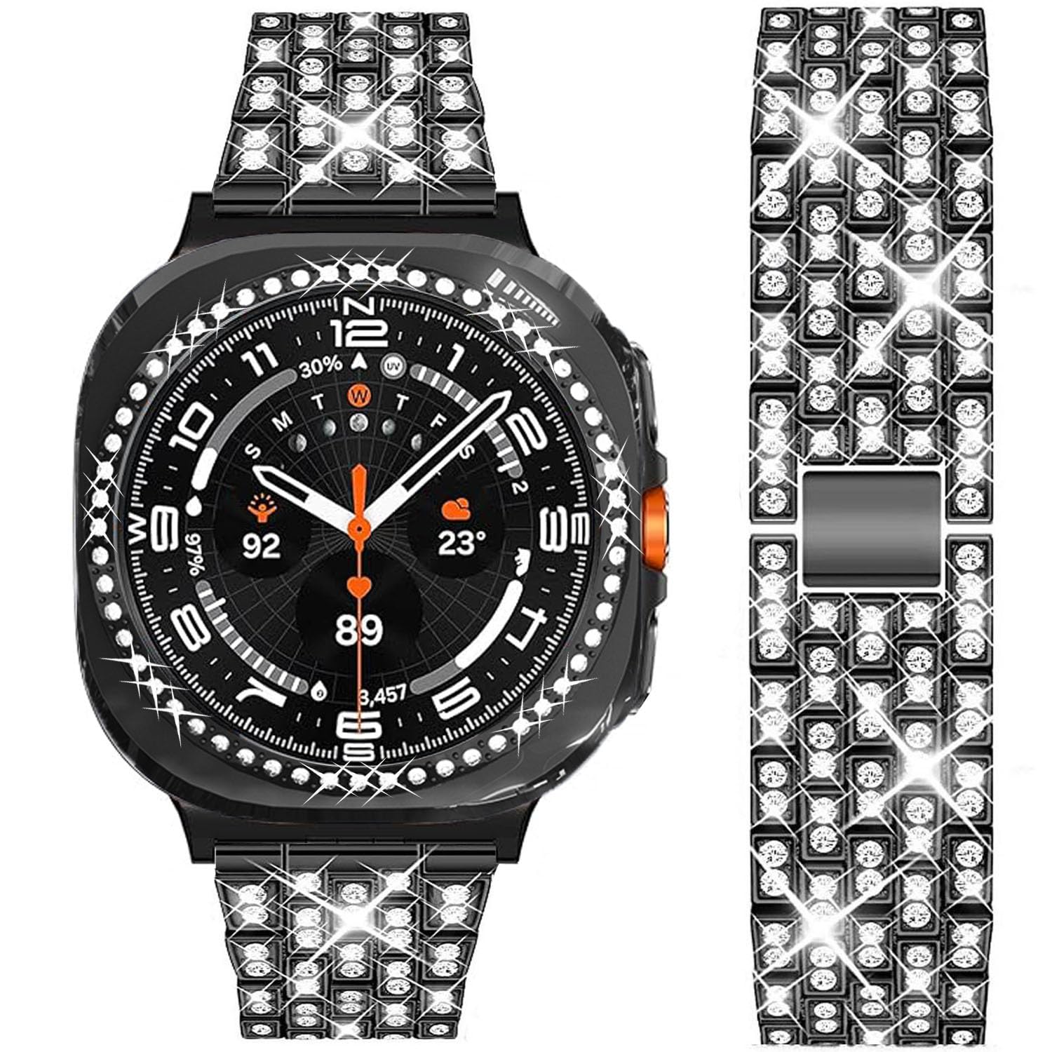 DEALELE Strap and Case Compatible with Samsung Galaxy Watch Ultra 47mm (2025/2024), Bling Rhinestone Metal Bands with Diamond PC Protective Case Cover