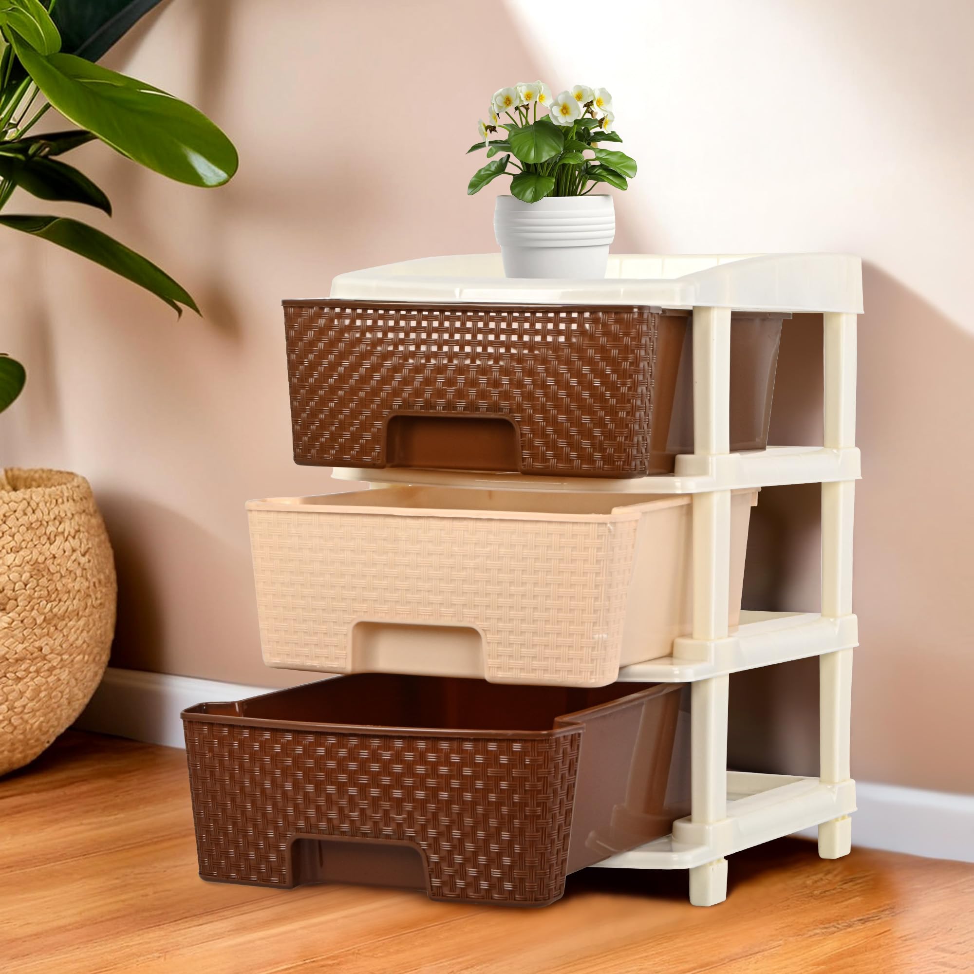 Kuber Industries 3-Layer Plastic Modular Storage Drawer for Home, Kitchen & Office | Chest of Drawers Racks for Storage Multipurpose Dress & Toys Organizer for Kids Room | Multi Brown