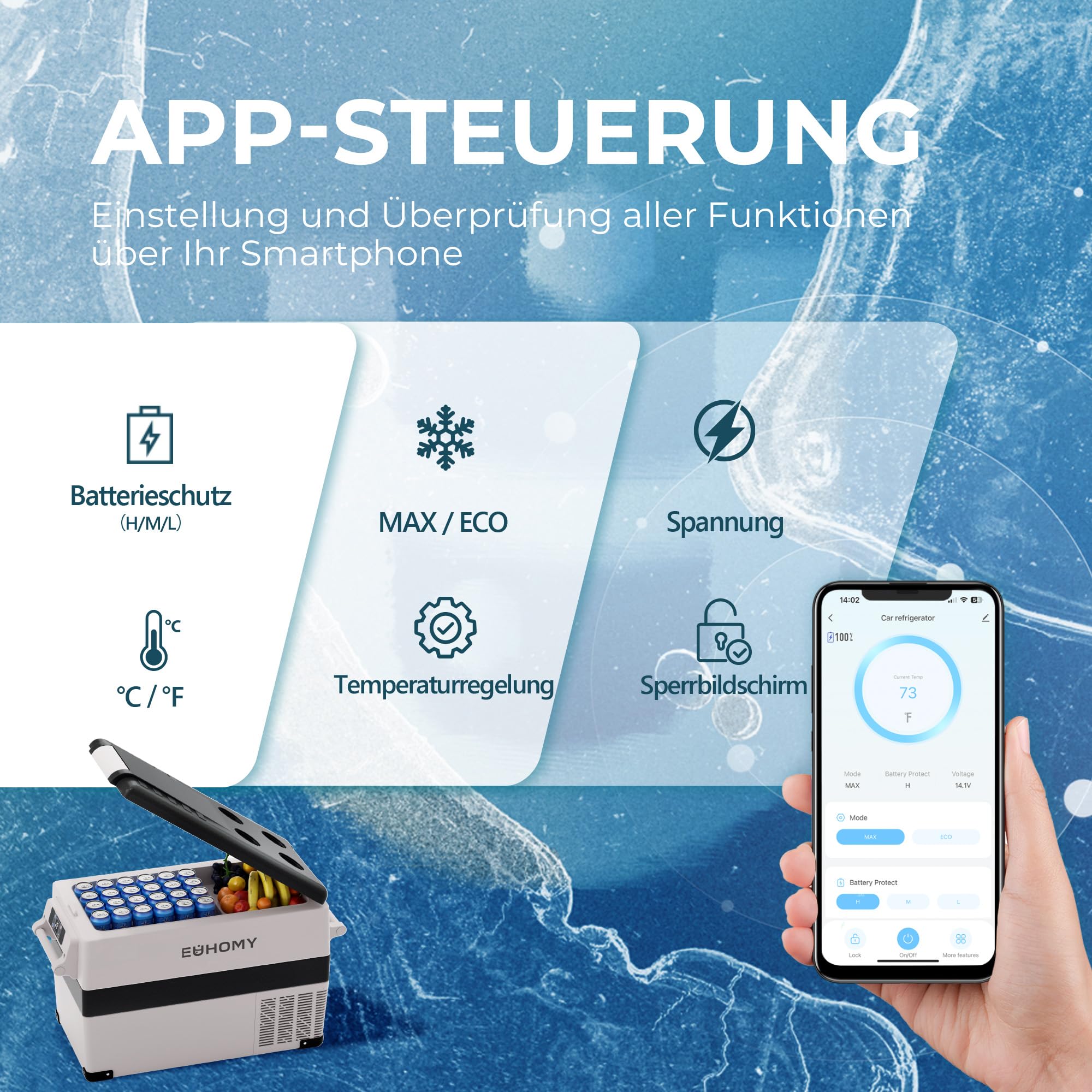 EUHOMY 40L Kompressor Kühlbox -20℃~20℃ 15-Min Schnellkühlung APP Steuerung ECO-Modus MAX-Modus 12/24V DC 100-240V AC 3-Stufen Batterieschutz Tragbar Leise