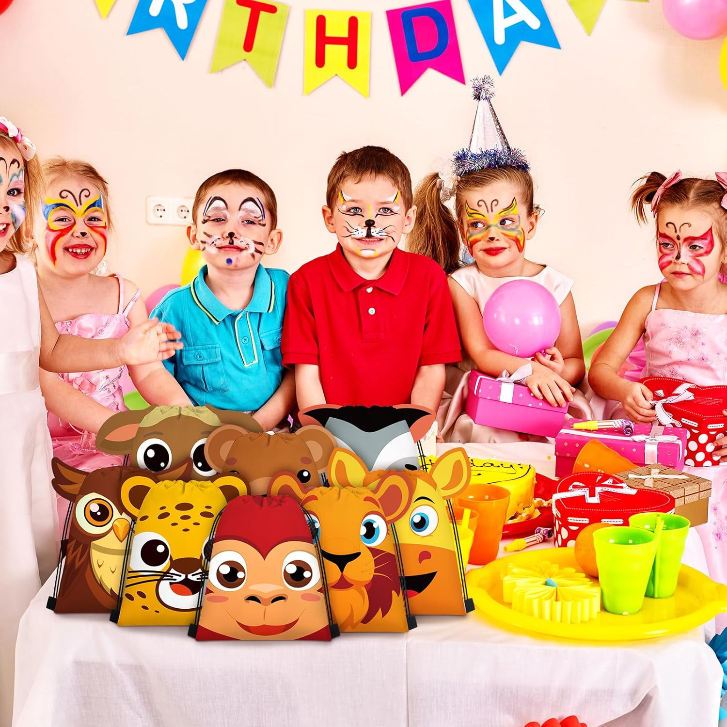 Marsui 24 Pcs 3D Jungle Animal Drawstring Bags with Ear for Kids Safari Goodie Bags Safari Party Favors for Boy Girl Birthday Baby Shower Party Favors Drawstring Backpack