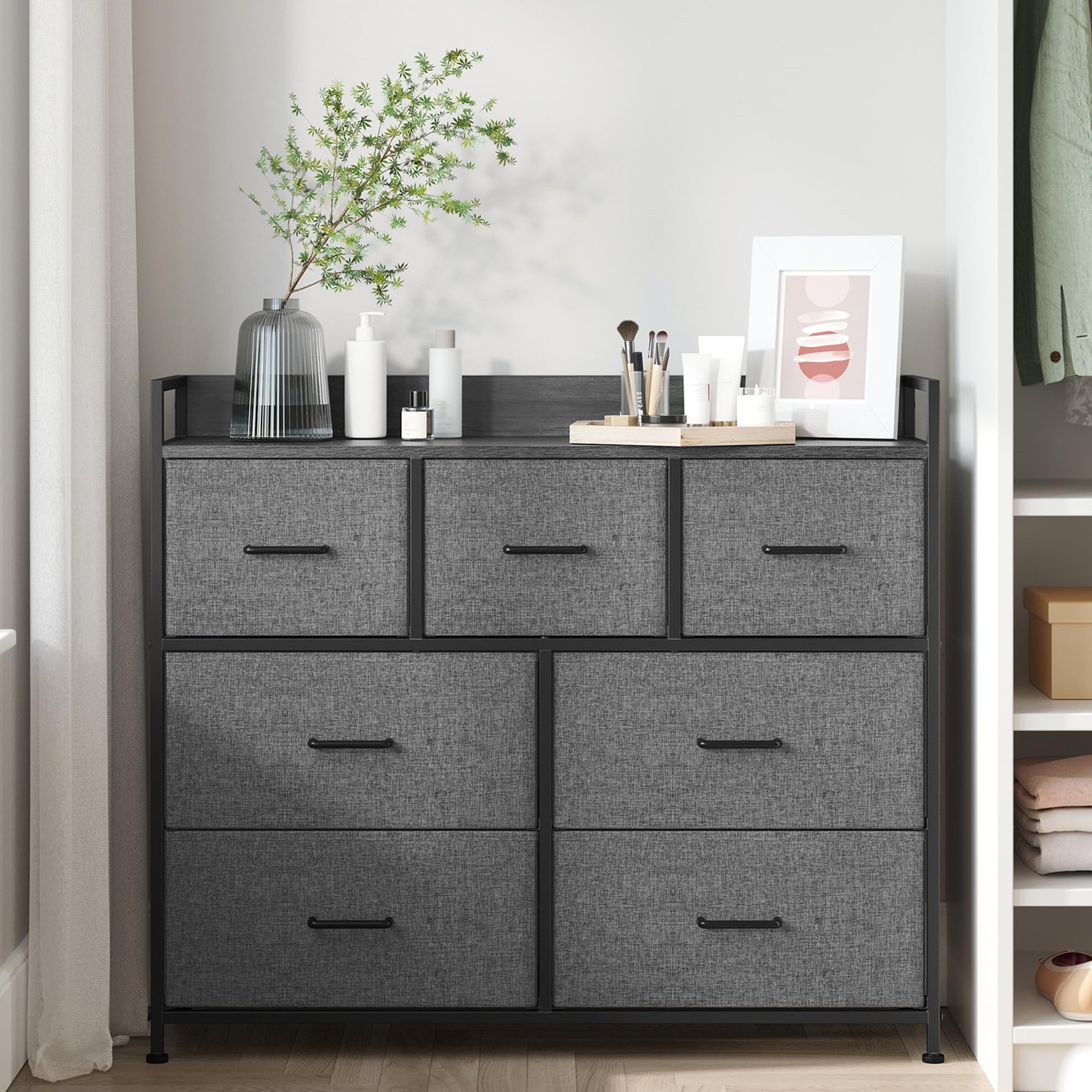 SONGMICS Chest of Drawers, Bedroom Cabinet, 7 Fabric Drawers with Handles, Metal Frame, Slate Grey and Anthracite Grey LTS523G22