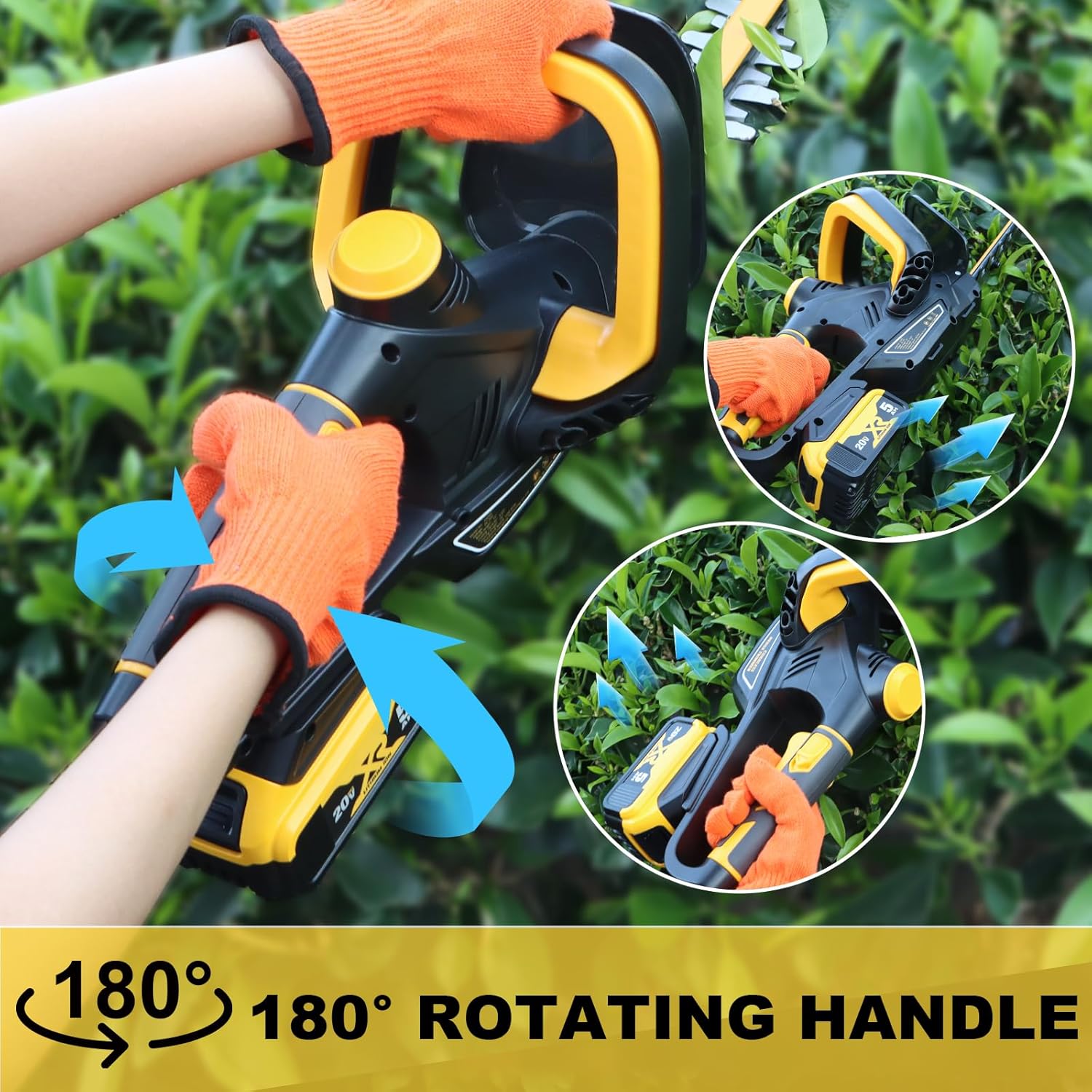 Hedge Trimmer for Dewalt 20V Battery, Cordless Hedge Trimmer with 22'' Dual-Action Blade, 1600RPM, 3/5'' Cutting Width, Rotating Handle & Dual Switch Design (Battery Not Included) (Yellow)