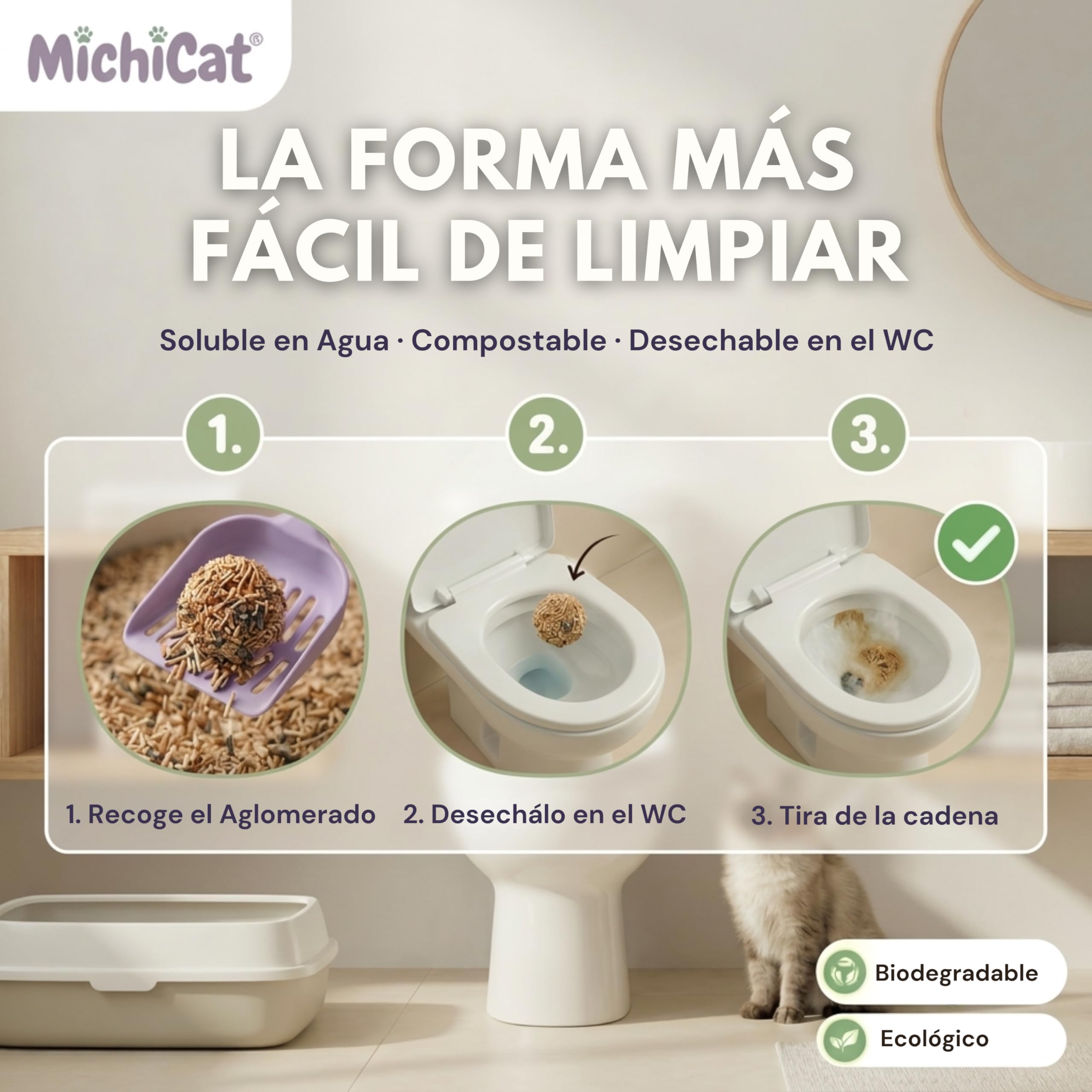 MichiCat Arena de Tofu para Gatos TofuMeow, 12 kg (4x3kg) Arena Aglomerante para Gatos Vegetal Biodegradable, Libre de Polvo, Control de Olores Avanzado, Desechable en WC, Pack Ahorro Larga Duración