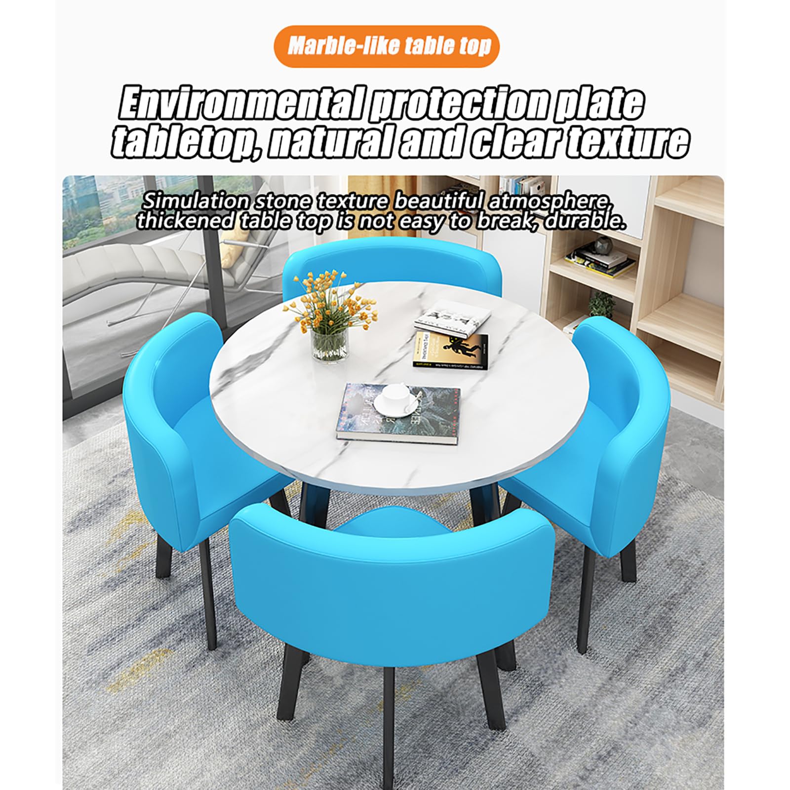 Moderno juego de mesa de comedor redonda con 4 sillas para reuniones de pequeñas empresas y oficinas, material de lino de algodón