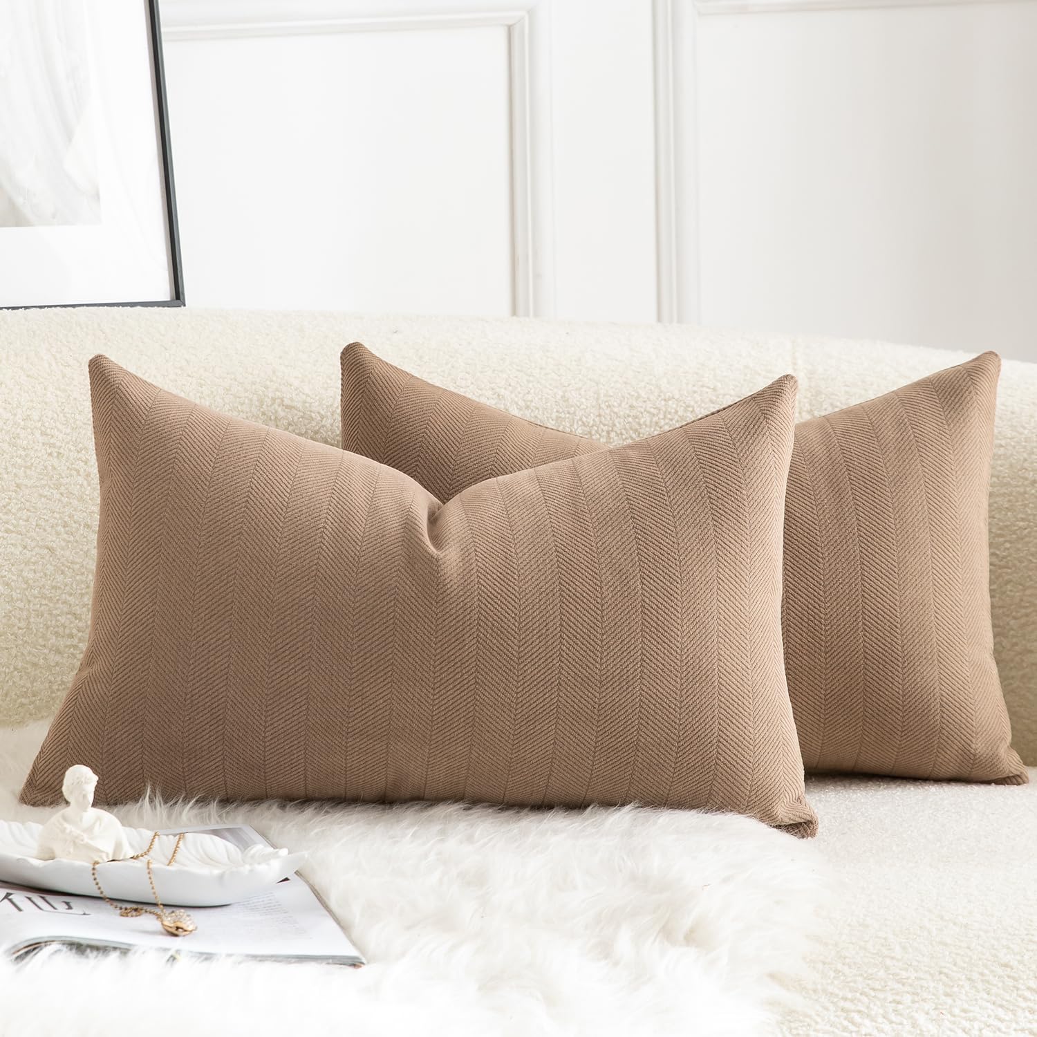 MANDIOO Pack of 2 Chenille Throw Pillow Covers Elegant Design Soft and Luxurious Decorative Cushion Covers Pillowcase Couch Sofa Bedroom Living Room Home Decor 12x20 Inch Camel - Image 5