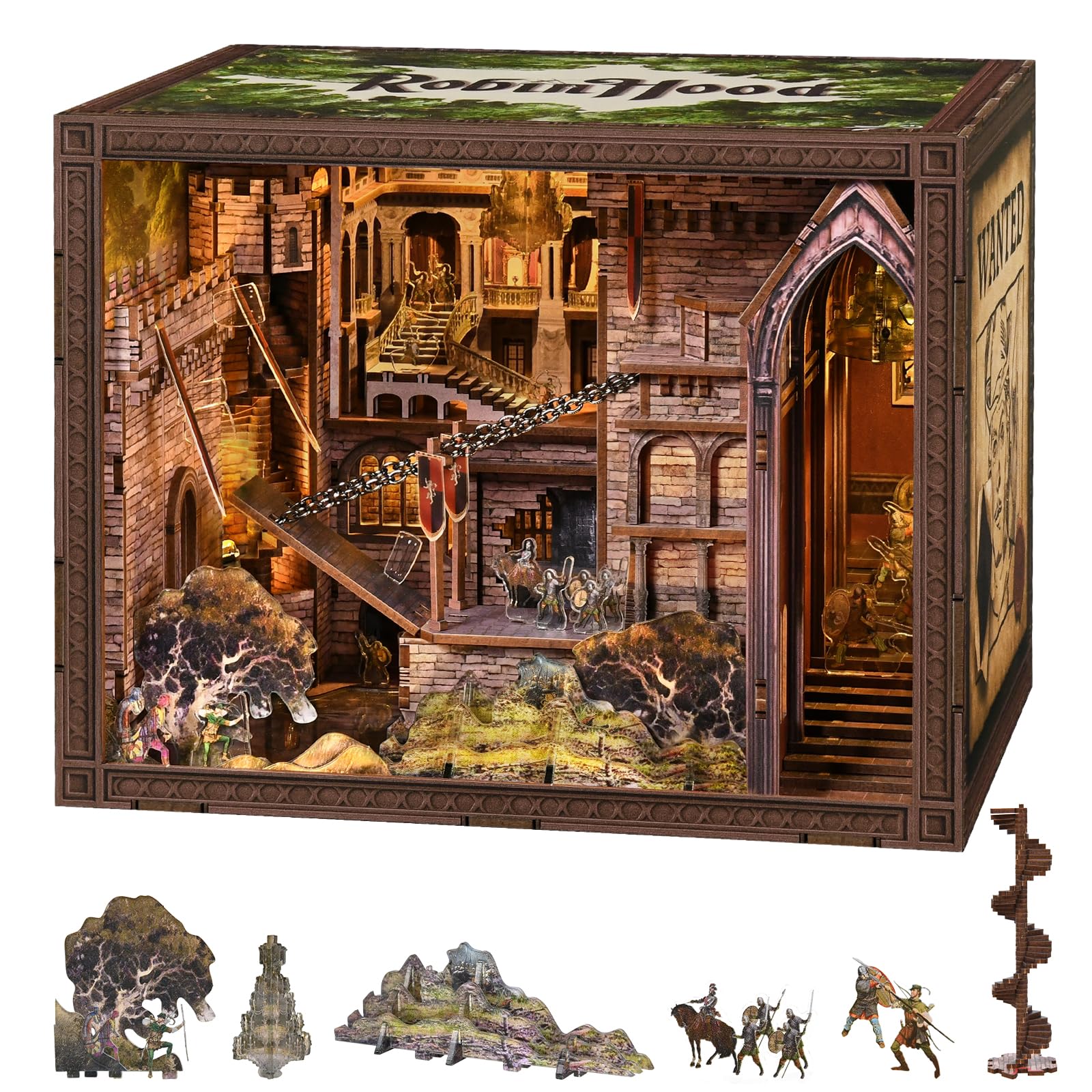 MiniCity DIY 3D Wooden Puzzle Book Nook Bookshelf Insert Decor with LED Light and Dust Cover (Robin Hood) — image 1