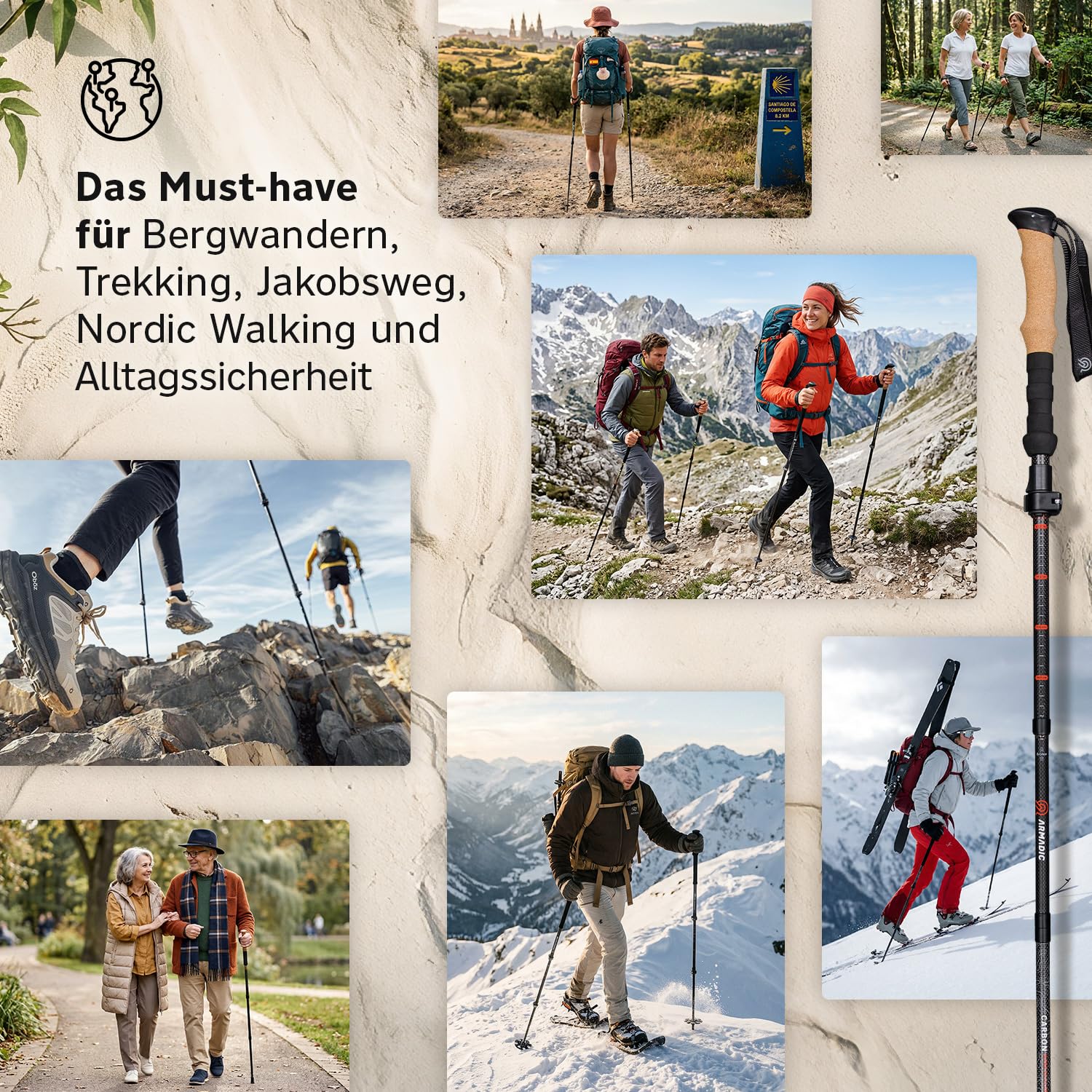 Bâtons de randonnée pliables en carbone et aluminium (seulement 240 g/295 g) avec poignée en liège | Bâtons de trekking ultra légers et réglables en continu pour la marche nordique, 115-135 cm/100-120 cm, pour homme et femme