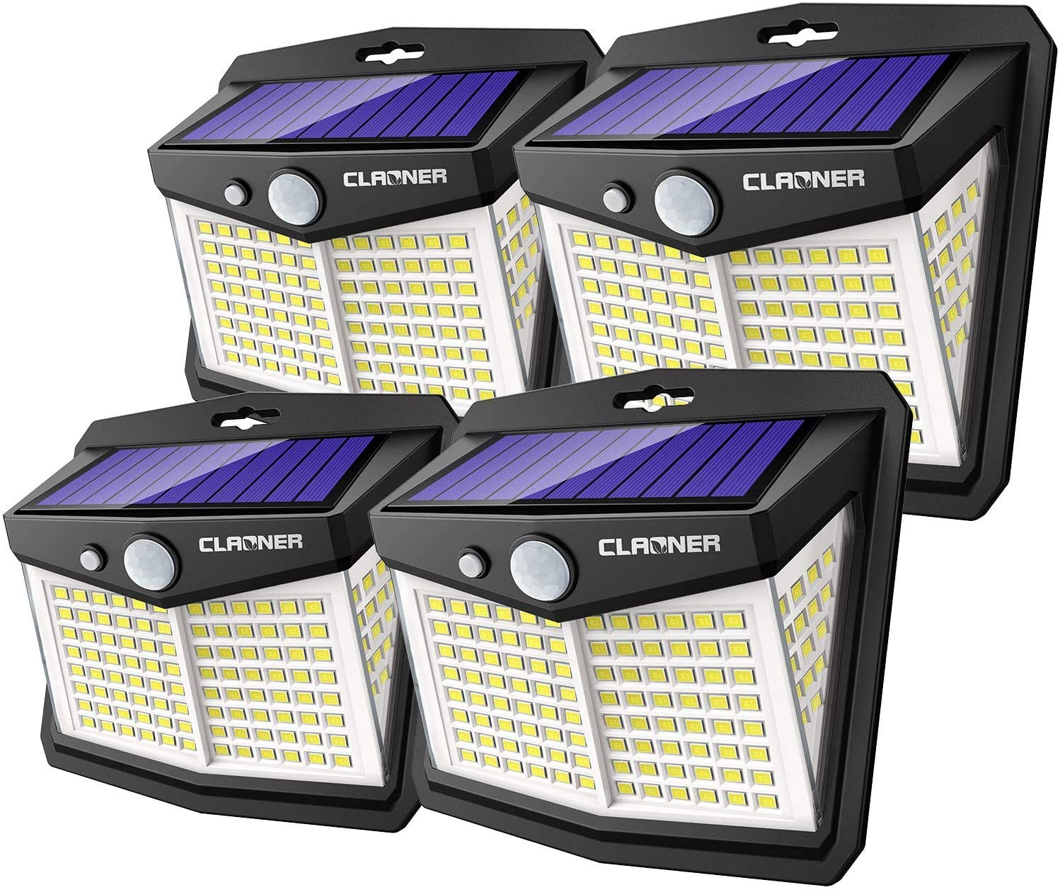 CLAONER Solar Lights Outdoor, [128 LED/4 Packs] Motion Sensor Lights 3 Working Modes for Outdoor with 270° Wide Angle Wireless IP65 Waterproof Security Light for Fence, Patio, Cold White