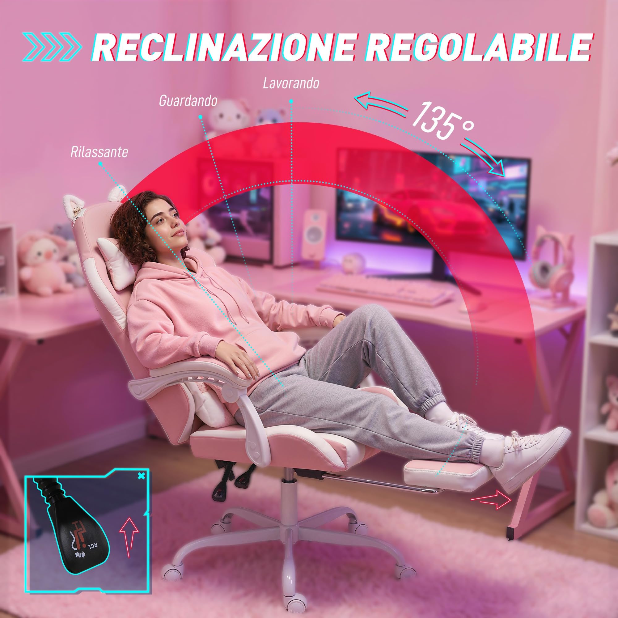 Vinsetto Sedia Gaming Ergonomica con Orecchie da Gatto, Poltrona Gaming Ufficio Reclinabile in Finta Pelle con Poggiapiedi, Poggiatesta e Altezza Regolabile, Supporto Lombare e Cervicale, Rosa