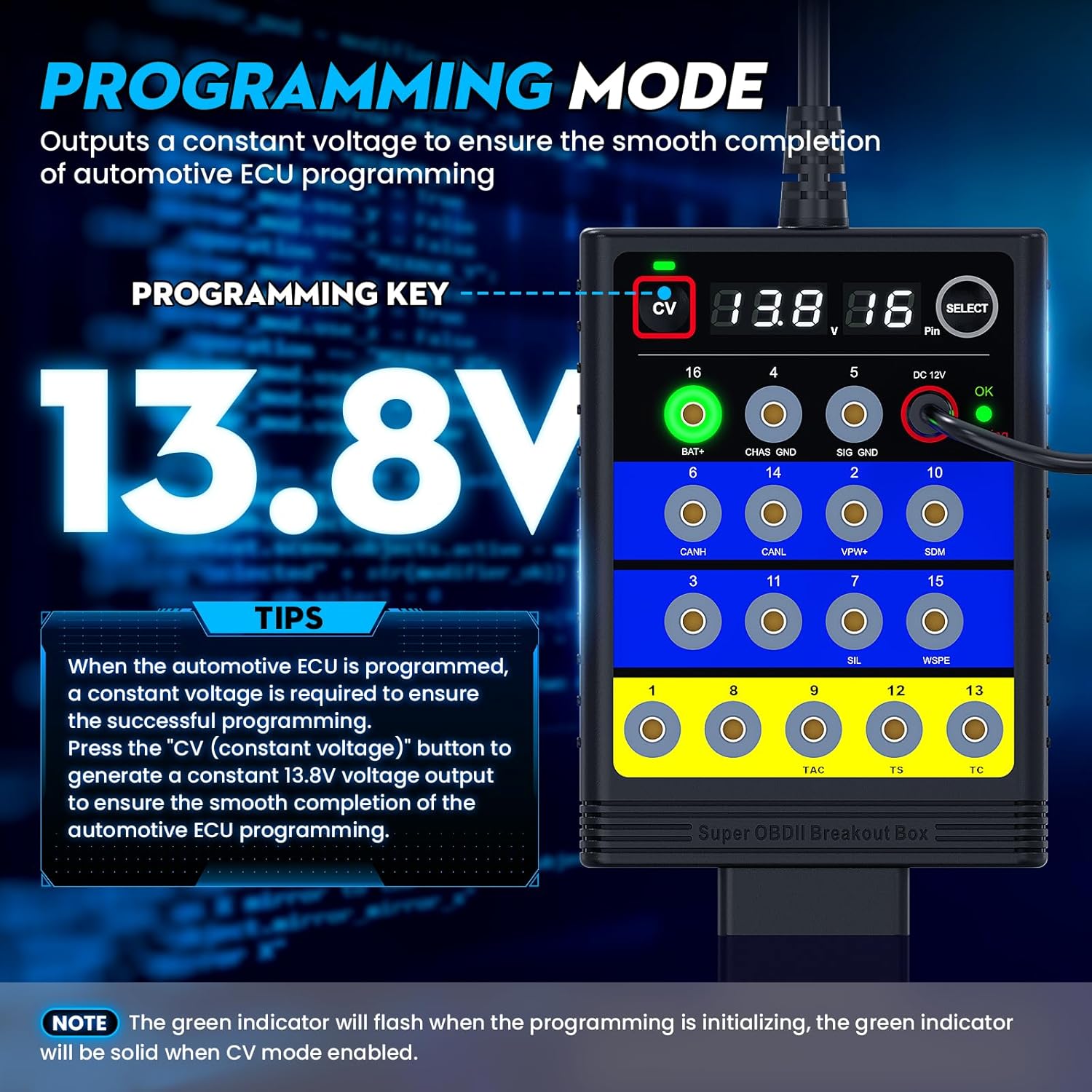 TRISCO Super OBD2 Breakout Box – 16-Pin Automotive Diagnostic Tool with Voltage Display, ECU Programming Support, CAN/K-LINE Protocol Detection