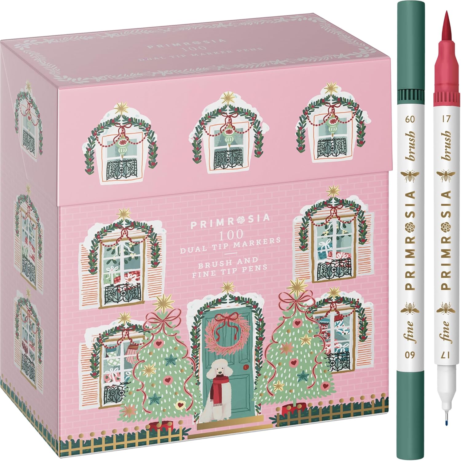 Primrosia 100 Dual Tip Marker Pens, Christmas Edition Gift Box. Fine & Brush Tip Set for Journaling, Calligraphy, Colouring, Sketching & Drawing. Artist Pens in Designer House Keepsake Box