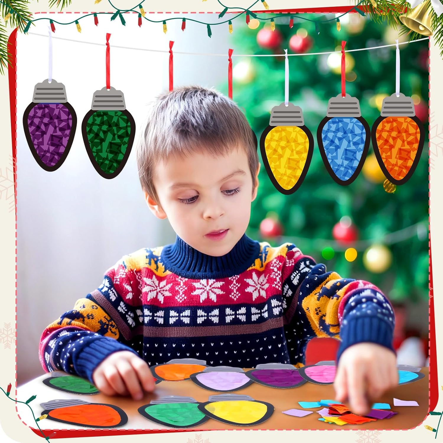 Funrous 32 Set Christmas C9 Lights Suncatchers Crafts Kit Xmas Colorful Light Bulbs Craft Tissue Paper Sign DIY Hanging Ornaments Window Art Decor for Christmas Winter Home Classroom Party Decorations