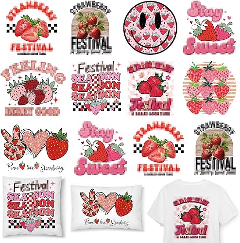 Whaline 9 hojas de calcomanías para planchar con fresa, estilo bohemio, retro, de frutas, calcomanías de transferencia de calor, rojo y rosa,