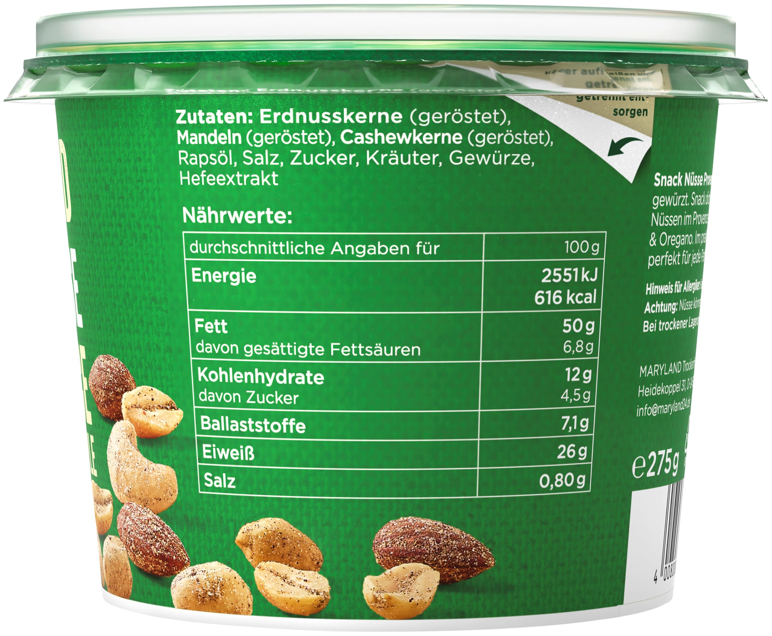 Maryland Snack Nüsse Provence 275g Becher – Mediterran gewürzte Nussmischung mit gerösteten Erdnüssen, Cashewkernen und Mandeln – Würze aus Rosmarin & Oregano (6 x 275g)