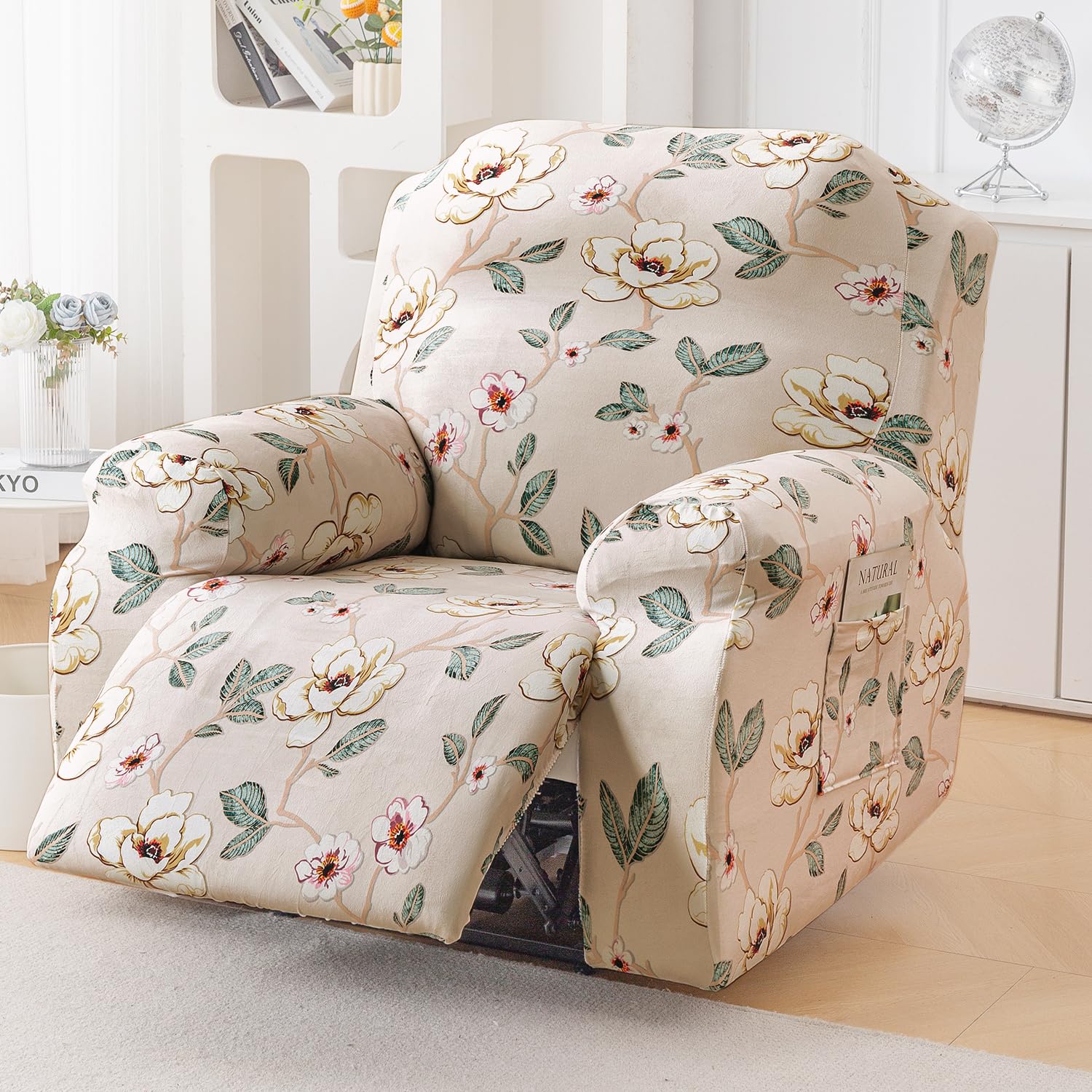 HOKIPO Premium Printed Velvet Fully Covered Recliner Sofa Cover for 1 Seater, Buttercream Magnolia Whisper (AR-6285-D5)-image-20