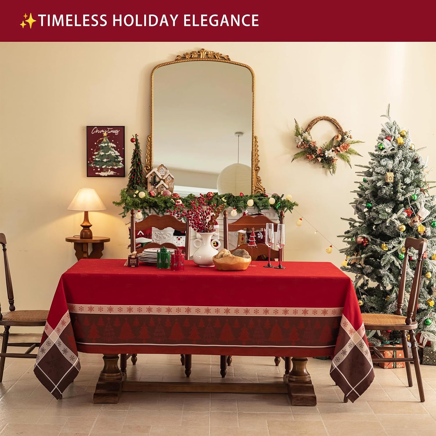 Red Christmas Tablecloth-Yarn-Dyed Jacquard Fabric Table Cloth Table Cover-Snowflake Tablecloths for Holiday, Winter, and Christmas Festive Décor-60" x 102" Rectangular