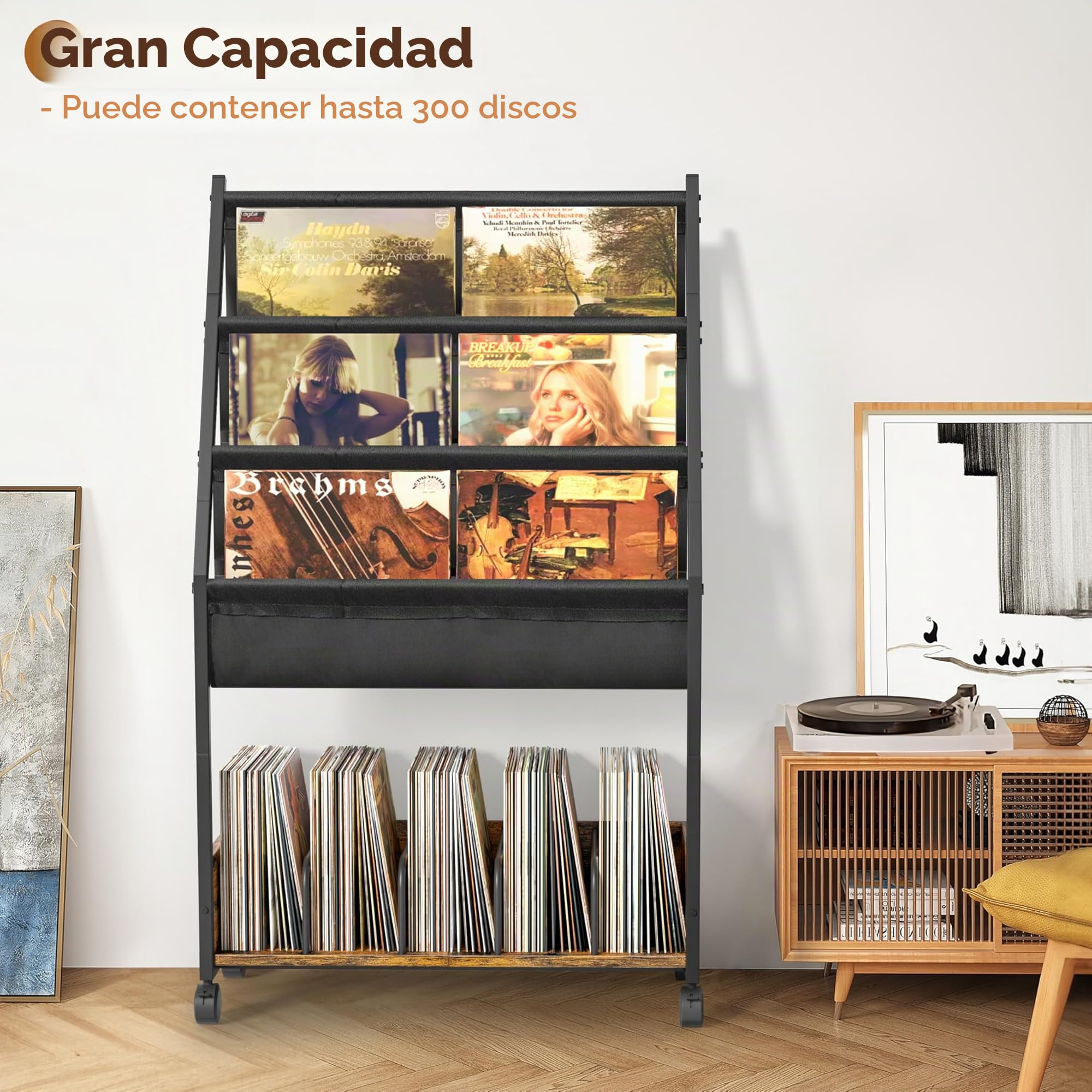 Bikoney Soporte para Discos de Vinilo hasta 200 Álbumes – Soporte de 3 Niveles con Estantes Expositores, Mueble Organizador para LPs, Libros, Revistas, Almacenaje para Colección de Vinilos Más Grande