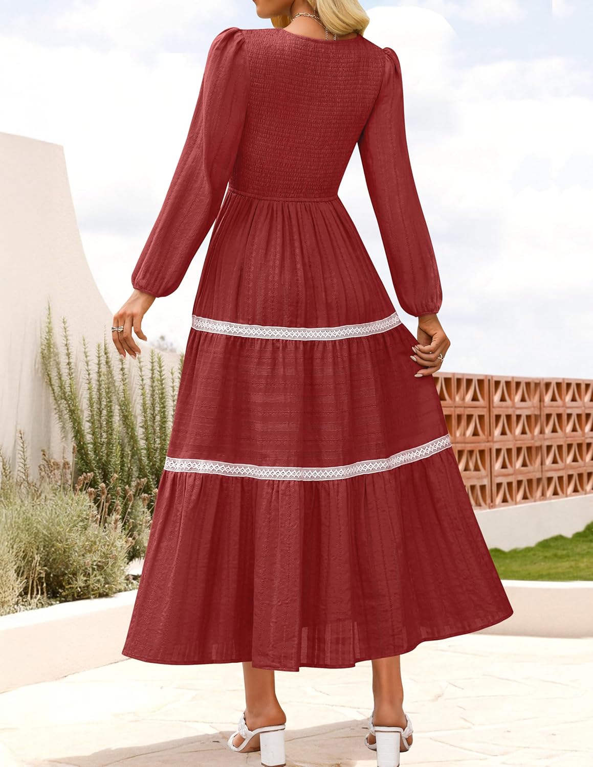 ZESICA Women's Spring Long Sleeve Maxi Dresses 2026 Casual Crewneck Smocked A Line Tiered Flowy Wedding Guest Long Dress - Image 3