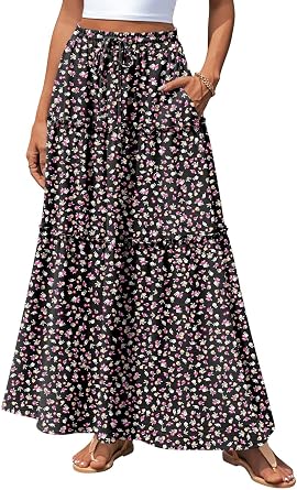 POPYOUNG Womens Maxi Skirts Ruffle Boho Dress with Pockets