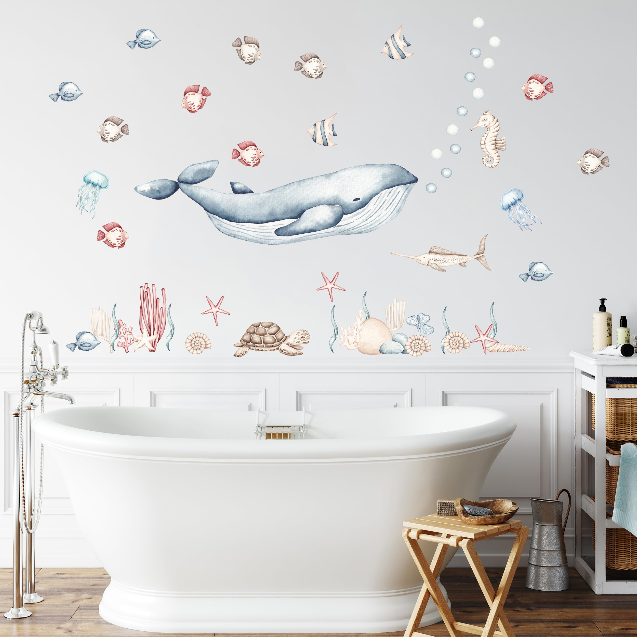 GRAZDesign Graz Design - Adesivo da parete, motivo balena e pesci, per cameretta dei bambini e bagno, colori delicati, 100 x 57 cm