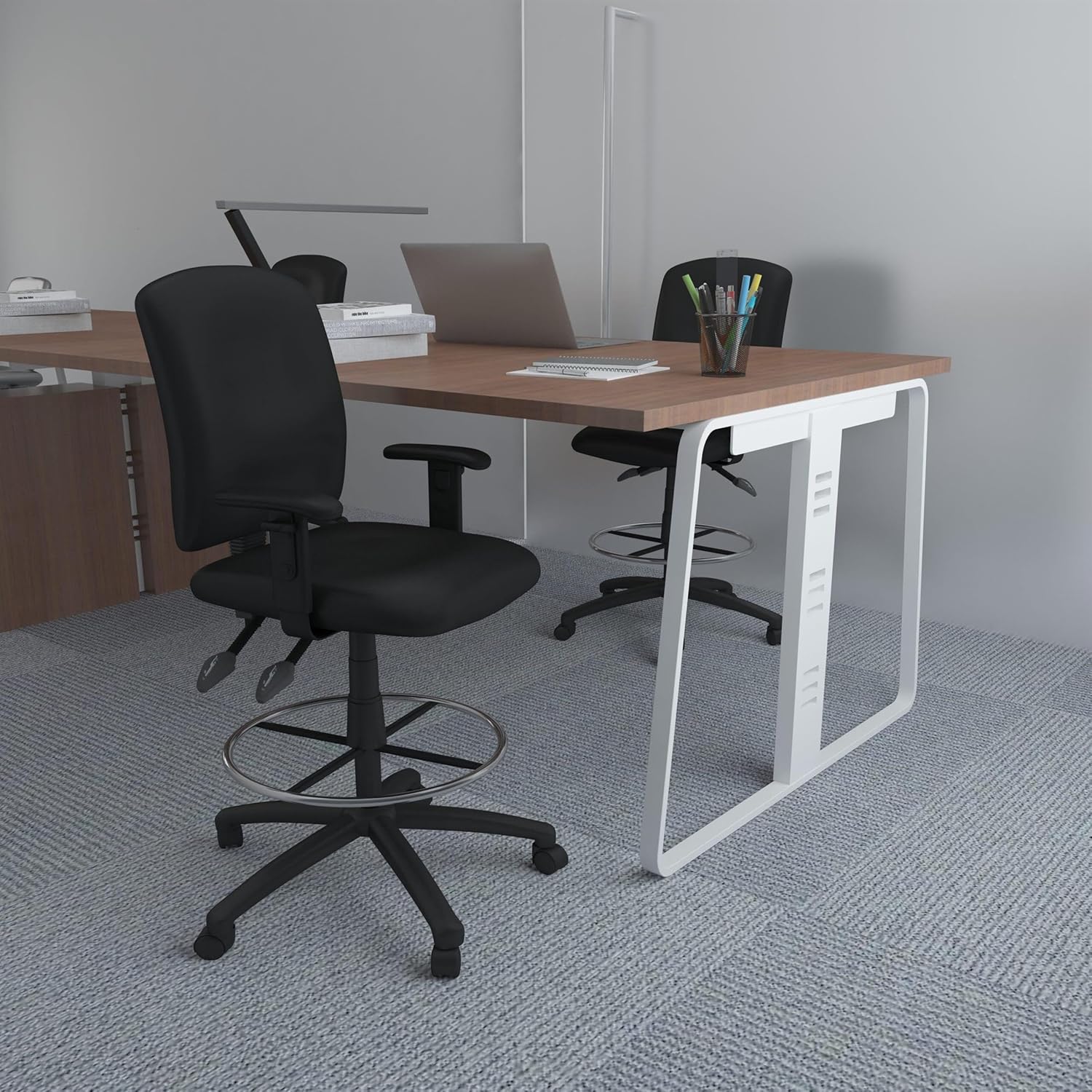 Scranton & Co Multi Function Leather Drafting Stool, Adjustable Arms, Black Upholstery, 20" Chrome Footring, Nylon Base, Pneumatic Height Adjustment, Office Chair with Casters