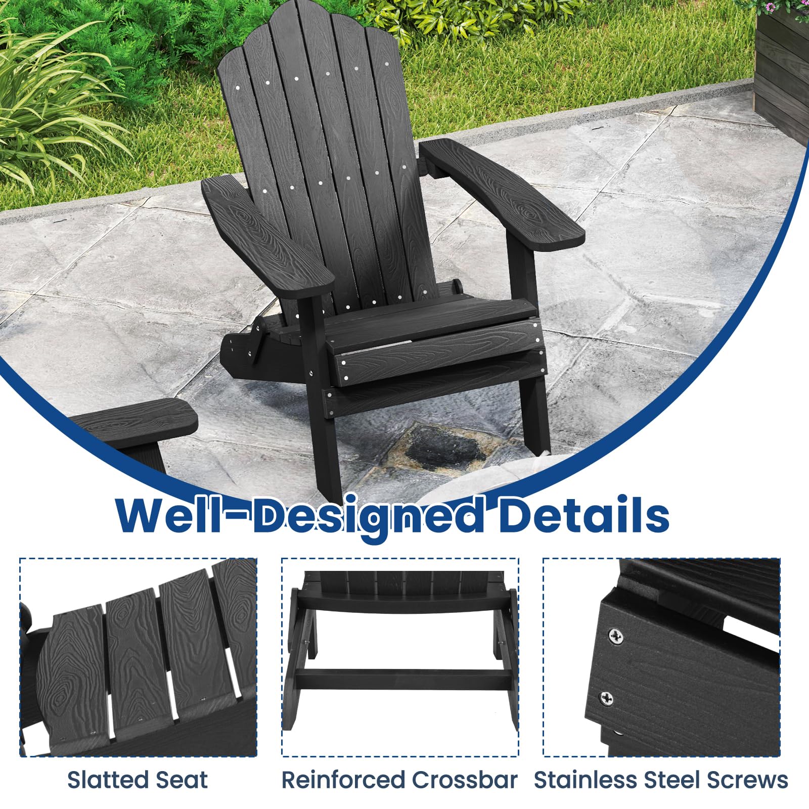 KOMFOTTEU Adirondack - Sedia pieghevole, sedia da giardino con schienale inclinato e braccioli larghi, poltrona ergonomica con carico di 180 kg, seduta esterna per balcone, terrazza (nero)