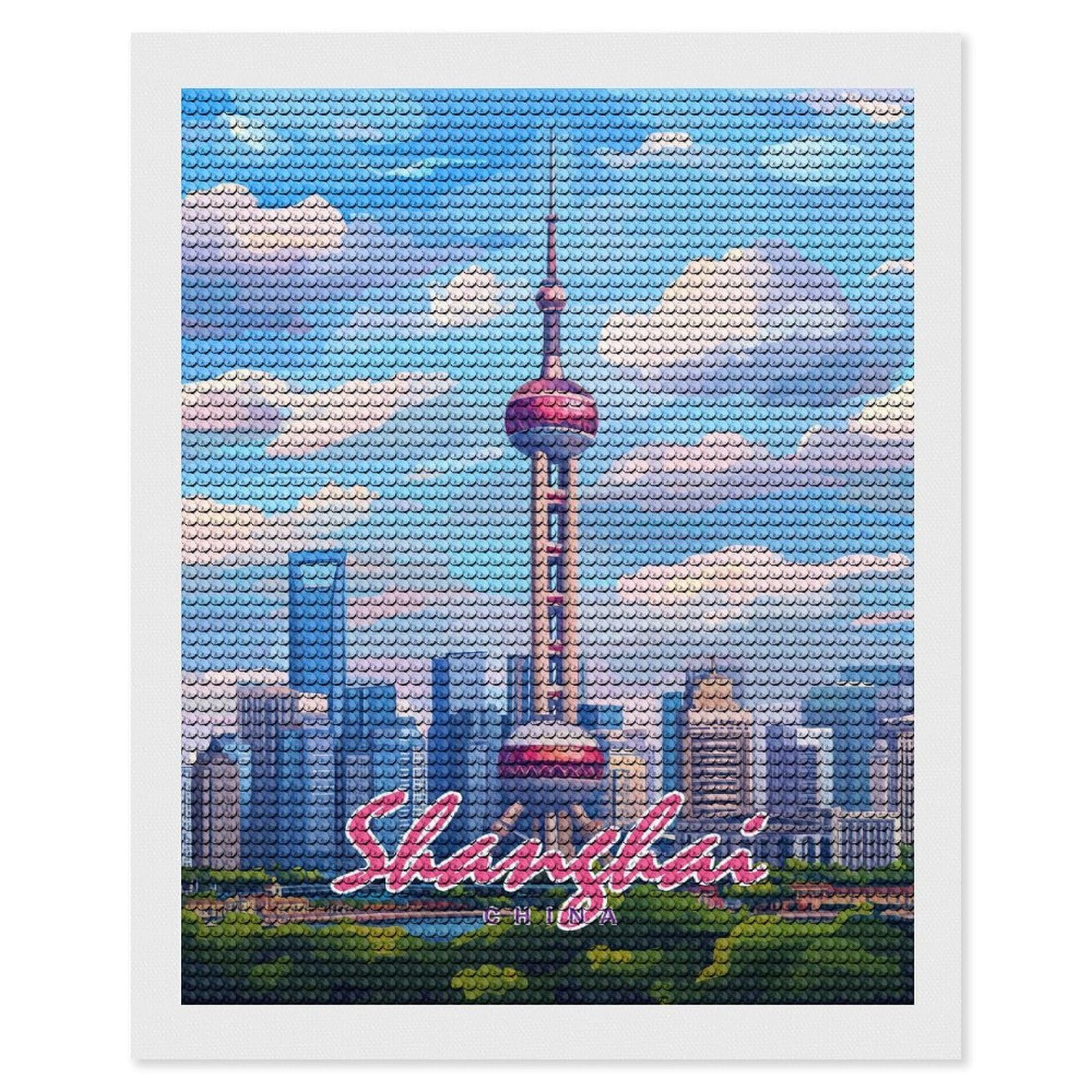 Junmoney Shanghai Skyline Diamond Art Canvas 16"x20", Decorate Your Room, Mindful Craft Activity, Cosy Home Accent, Thoughtful Handmade Gift