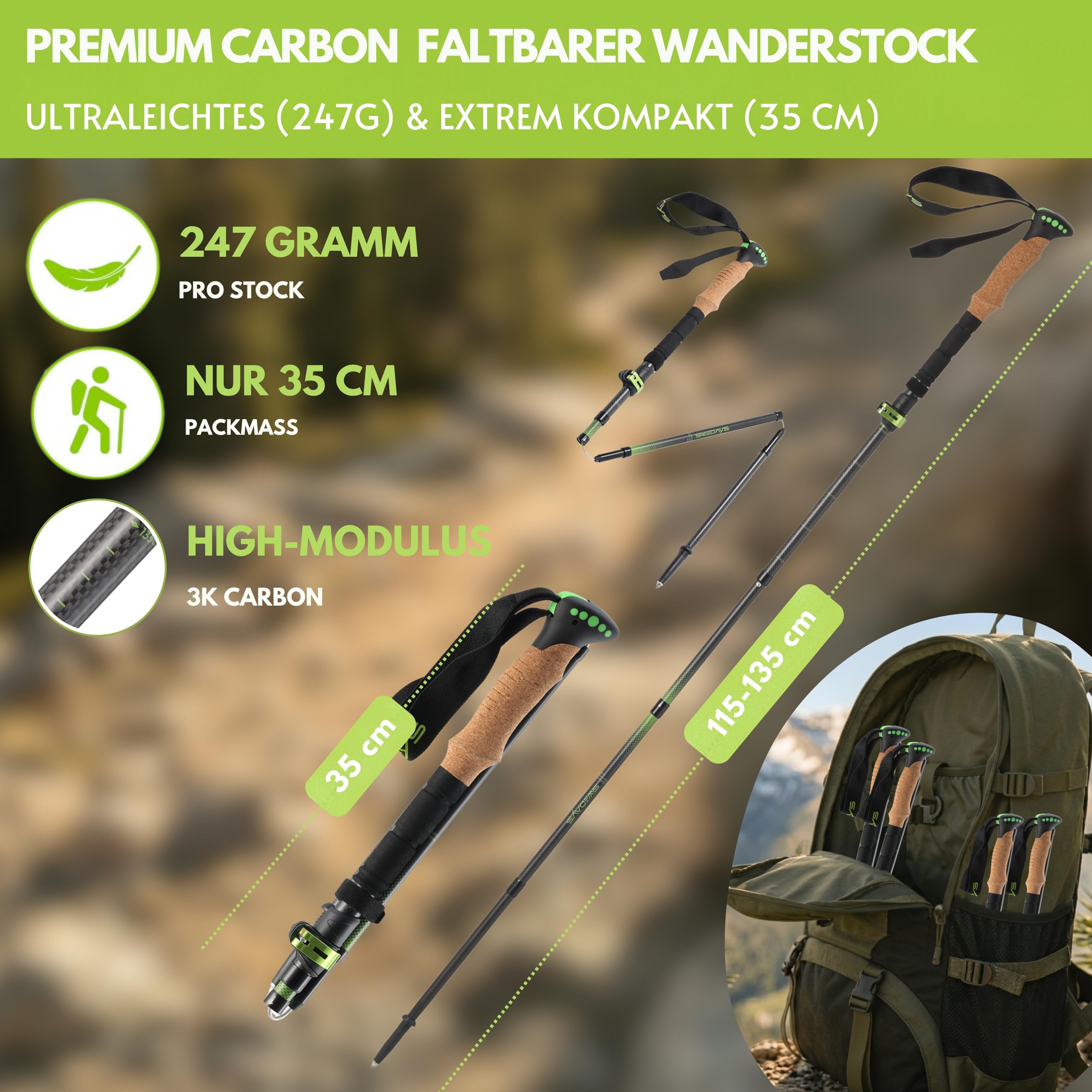 Wanderstöcke Faltbar Carbon Aluminium Korkgriff für Damen & Herren | Leicht Nordic Walking & Trekkingstöcke für Wandern, Bergsport, Skitouren. Kompakt & Faltbare 35cm