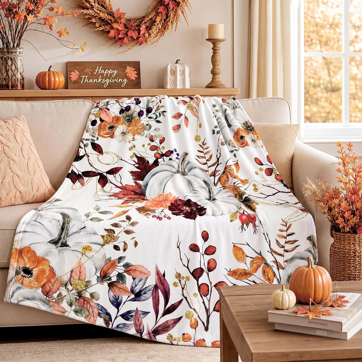Hahafelt Thanksgiving Pumpkin Throw Blanket Ultra Soft Fleece Blanket for Bed and Couch Cozy Holiday Theme Throw Warm Decoration, 50 x 60 Inches
