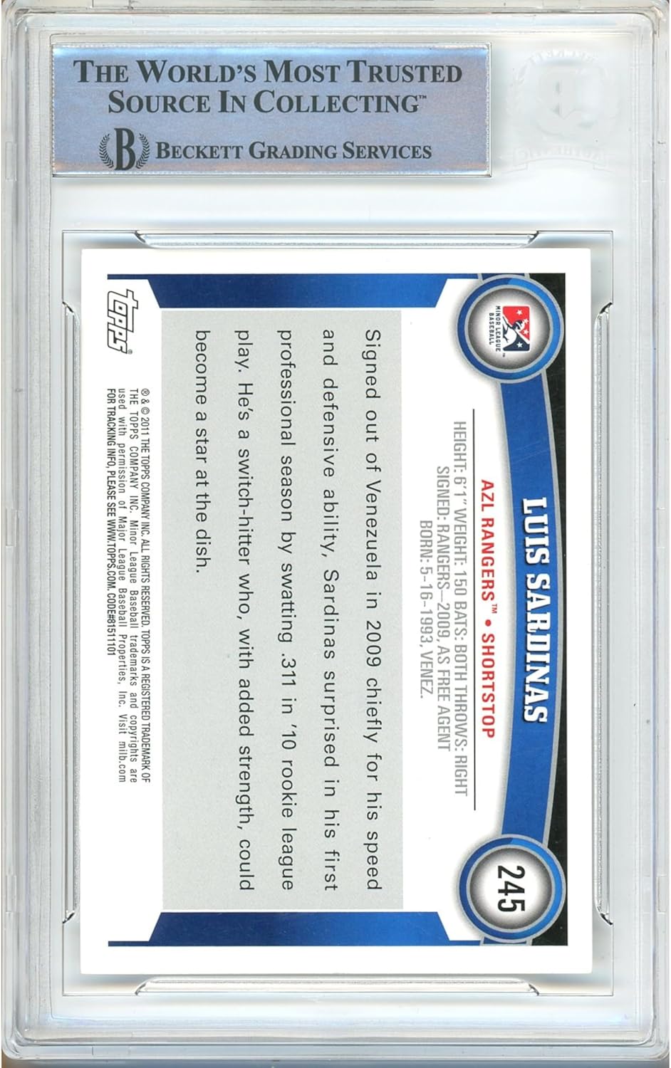 Luis Sardinas Autographed 2011 Topps Pro Debut #245 Baseball Trading Card Slab Beckett BAS Authentic Slabbed COA Played For Texas Rangers MLB