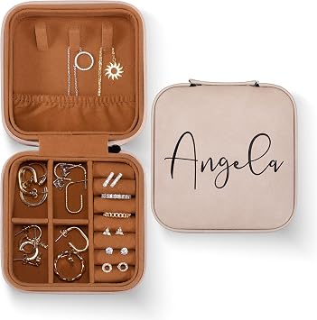 Personalized Leather Jewelry Box with Name, Custom Engraved Jewelry Organizer Case with Adjustable Compartments, Personalized Gifts for Women - Rose Gold