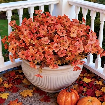 Artificial Fall Mums Flowers for Outdoors, 20 Bundles UV Resistant, Orange