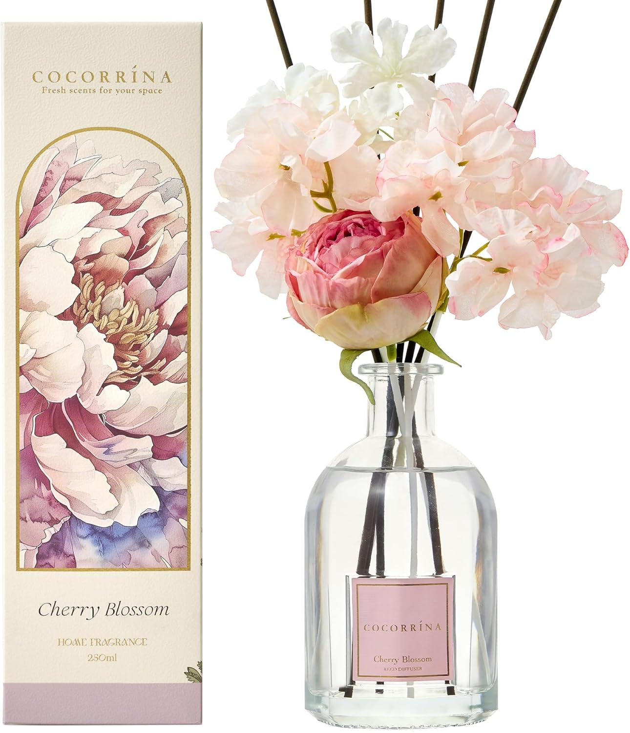 COCORRÍNA Reed Diffuser - Cherry Blossom 8.5 Fl.oz/ 250ml Flower Diffuser with 8 Sticks, Reed Diffusers for Home Bathroom Shelf Decor (Botanical Flower Collection) - Image 2