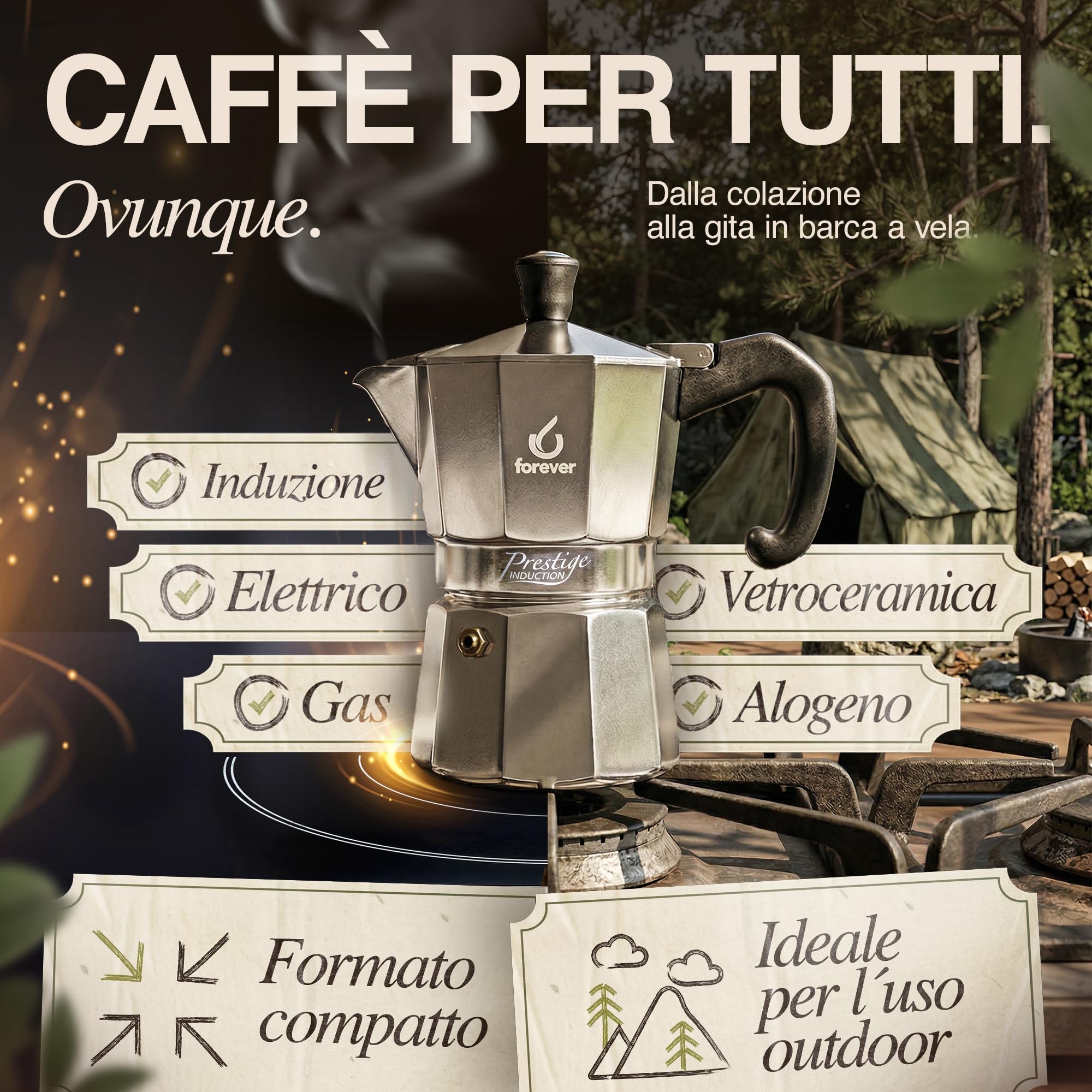 FOREVER Miss Moka Prestige INDUCTION 12 Tazze | Caffettiera Moka per Piano a Induzione | Macchina da Caffè in Innovativo Materiale Composite a 2 Strati | Con Guarnizione in Silicone
