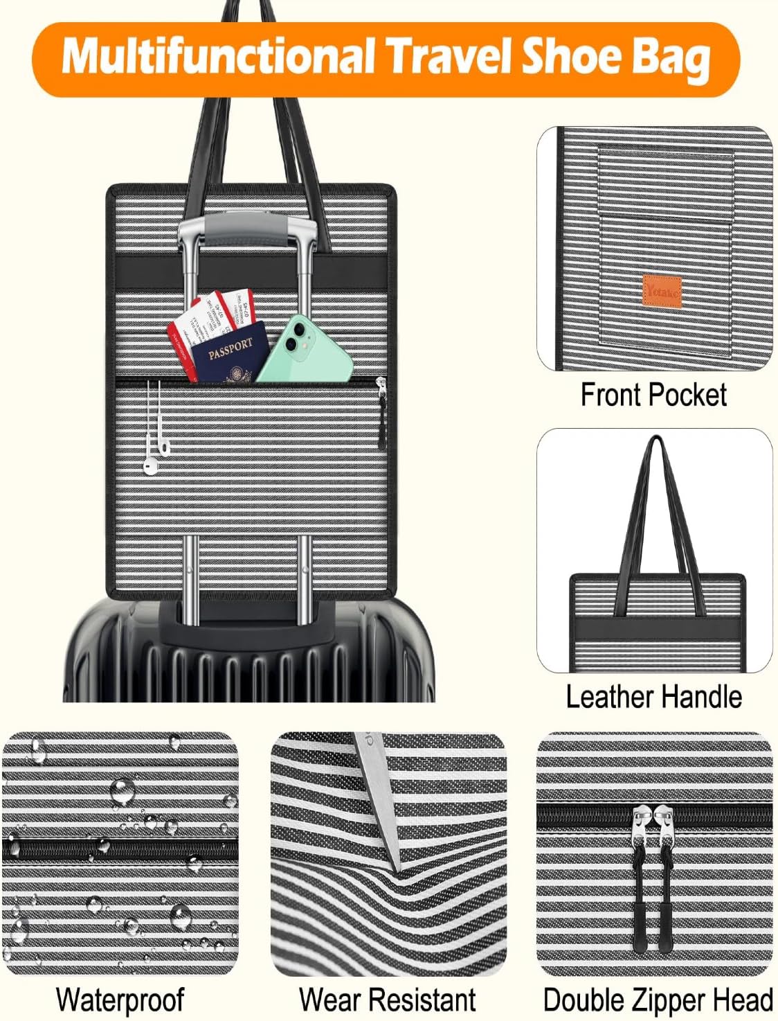 Yotako Shoe Bag for Travel with Leathers Handle-Portable Shoe Organizer with Pockets,3 in 1 Hanging Luggage Shoe Storage Bag,Travel Shoe Bag for Women Men Fit 6 PCS Shoes,Stripe - Image 4